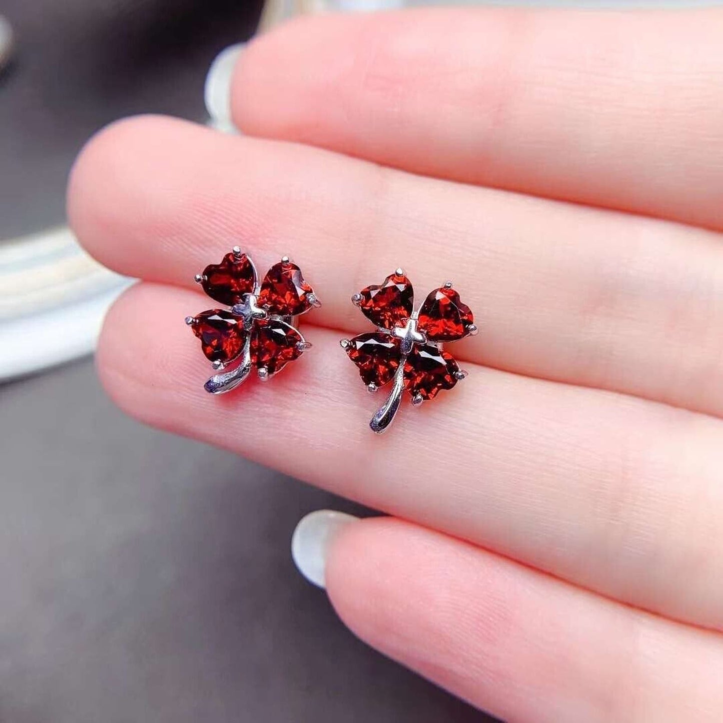 Red Garnet Clover Stud Earrings 4x4mm Platinum Plated