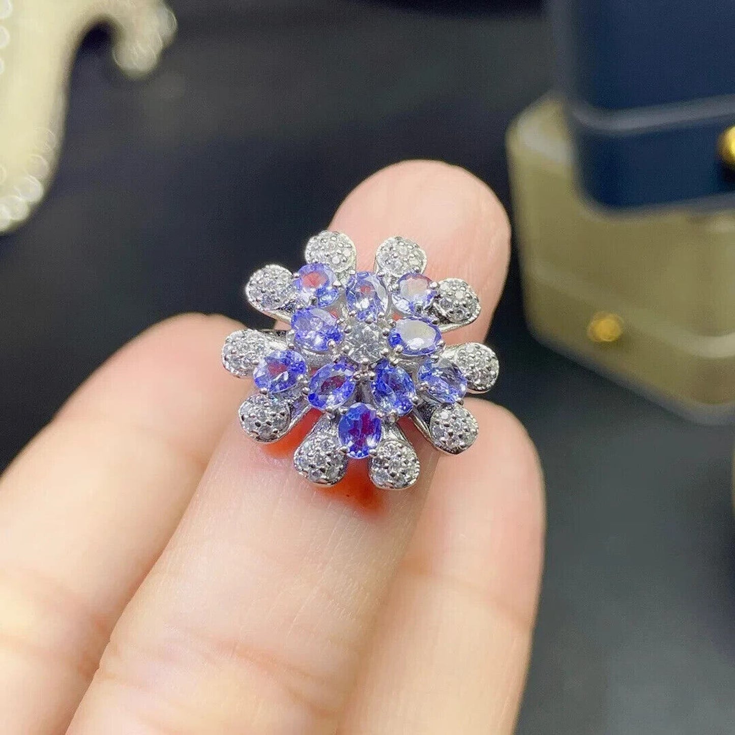 Purple Tanzanite Flower Cluster Ring Platinum Plated