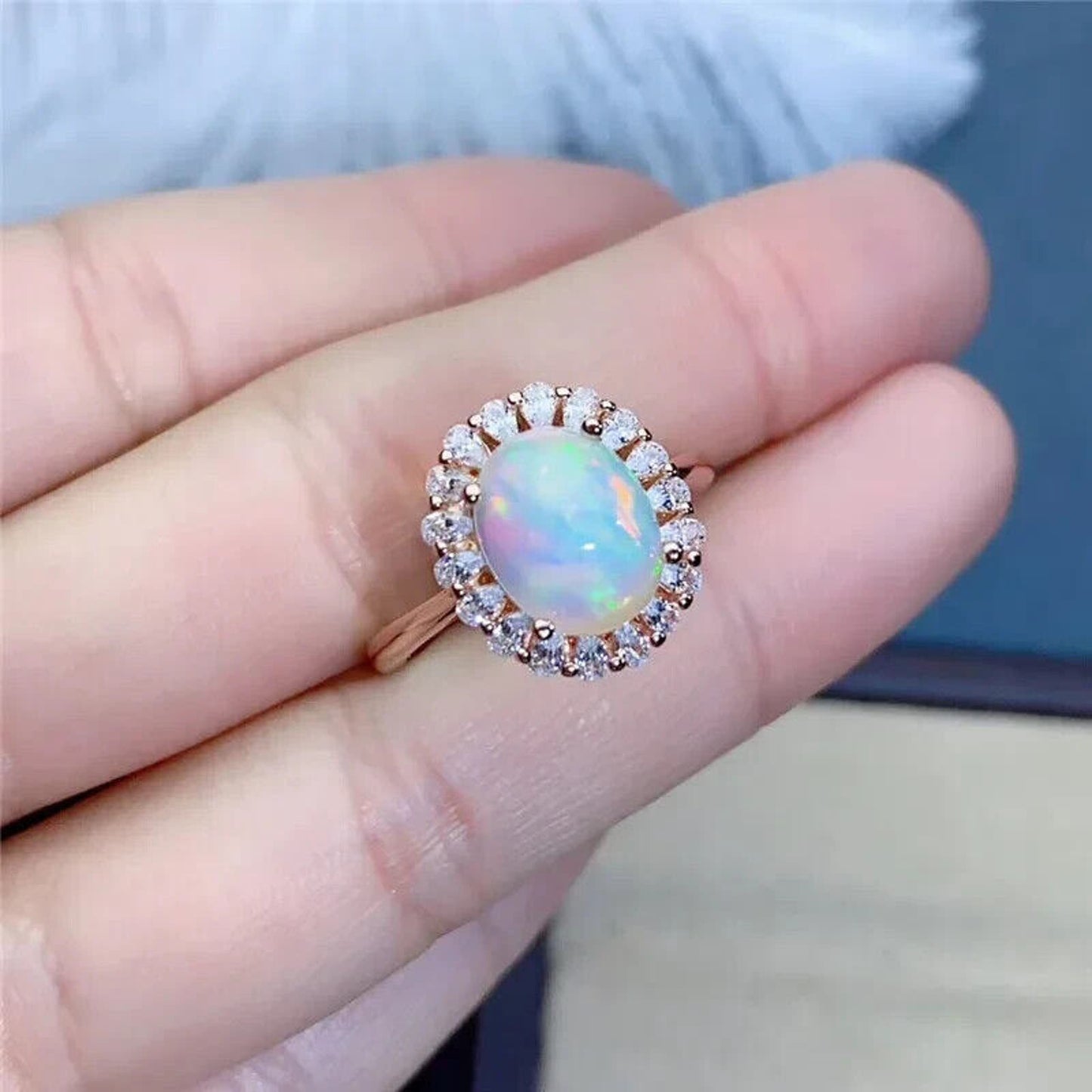 White Fire Opal Cluster Ring 8x10mm Sterling Silver