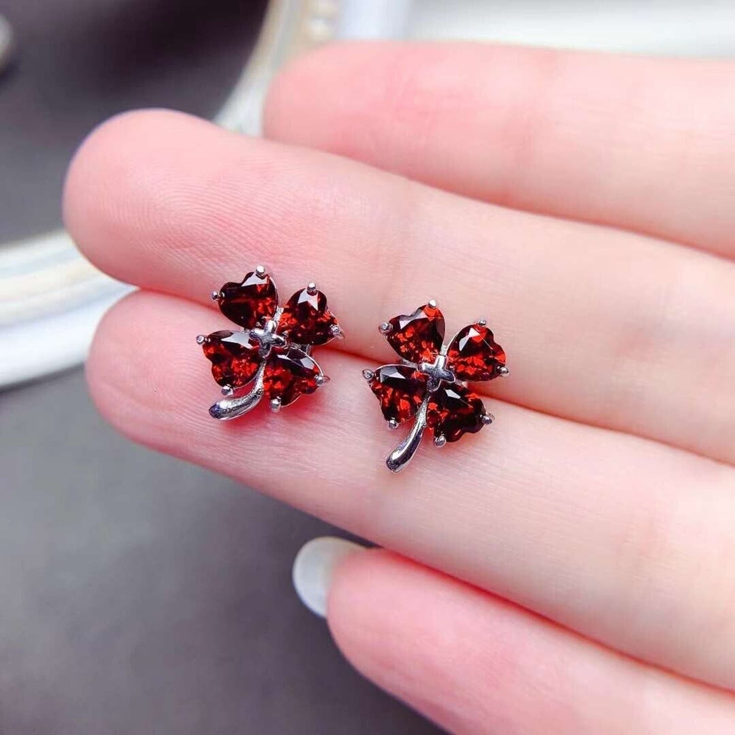 Red Garnet Clover Stud Earrings 4x4mm Platinum Plated