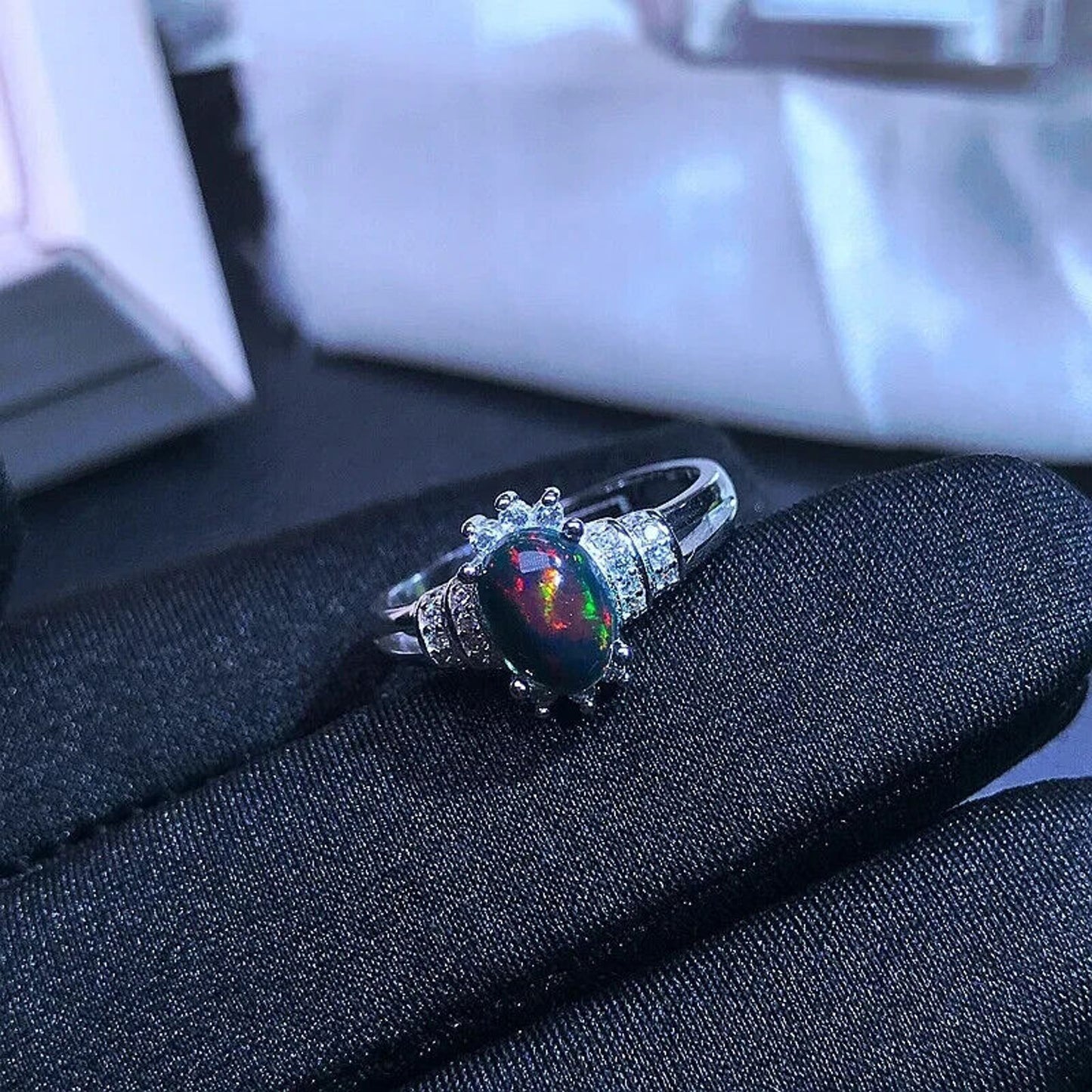 Dainty Black Fire Opal Ring 6x8mm Sterling Silver