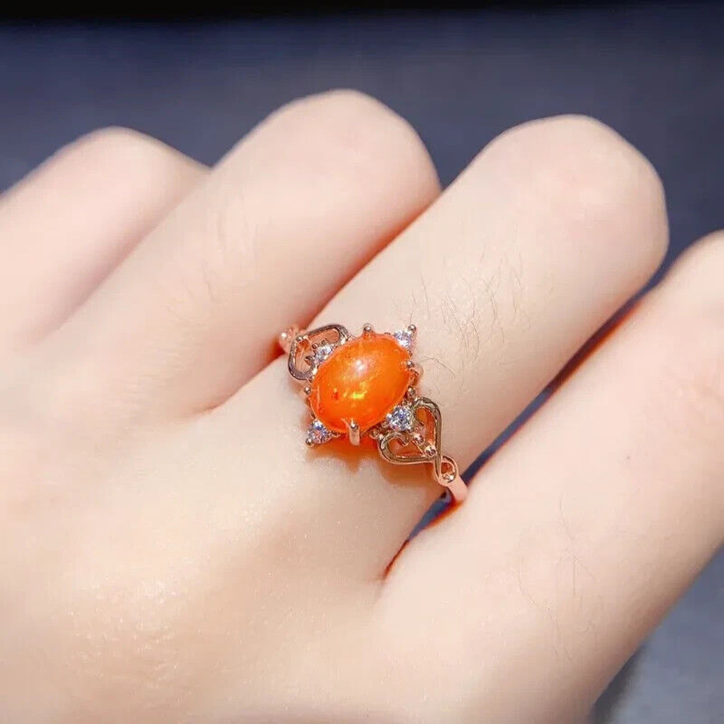 Orange Opal Cocktail Ring 6x8mm Sterling Silver