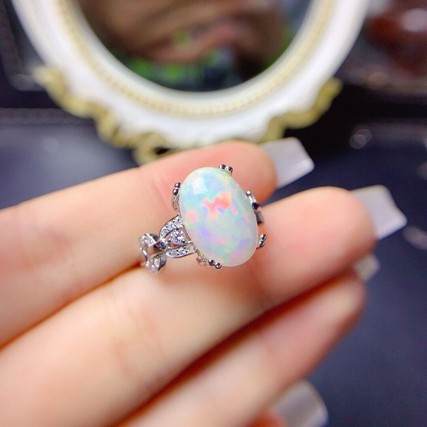 Large White Fire Opal Cocktail Ring 10x14mm Sterling Silver