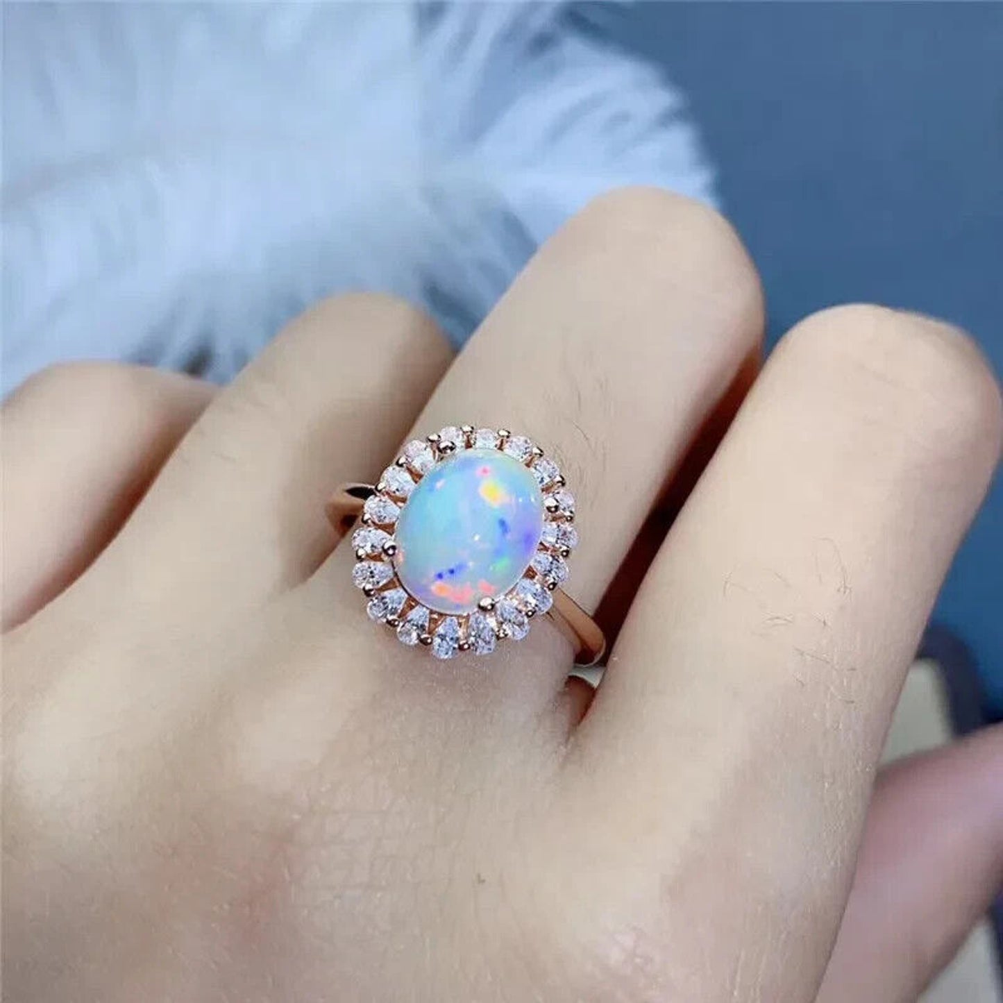 White Fire Opal Cluster Ring 8x10mm Sterling Silver