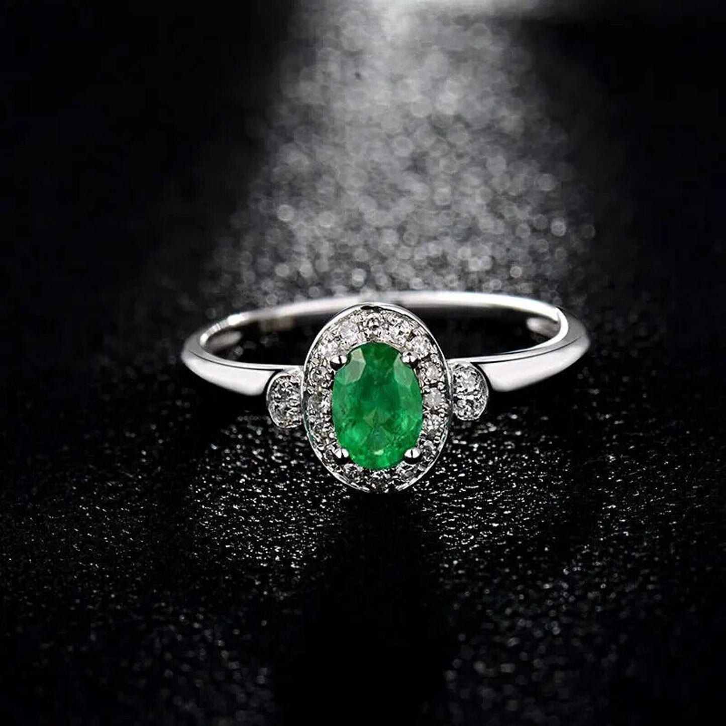 Natural Emerald and Diamond Oval Cut Cocktail Ring 14k White Gold