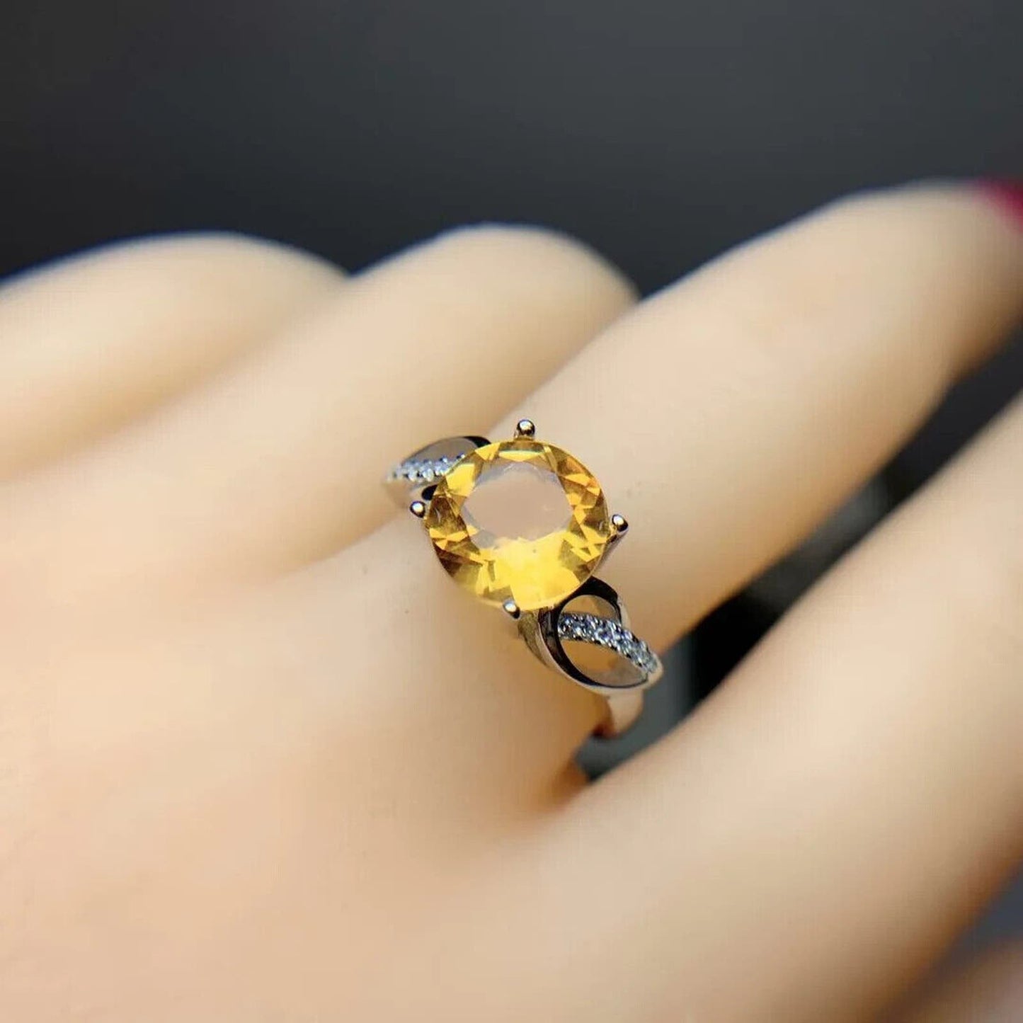 Round Cut Citrine Gemstone Ring 8mm Sterling Silver