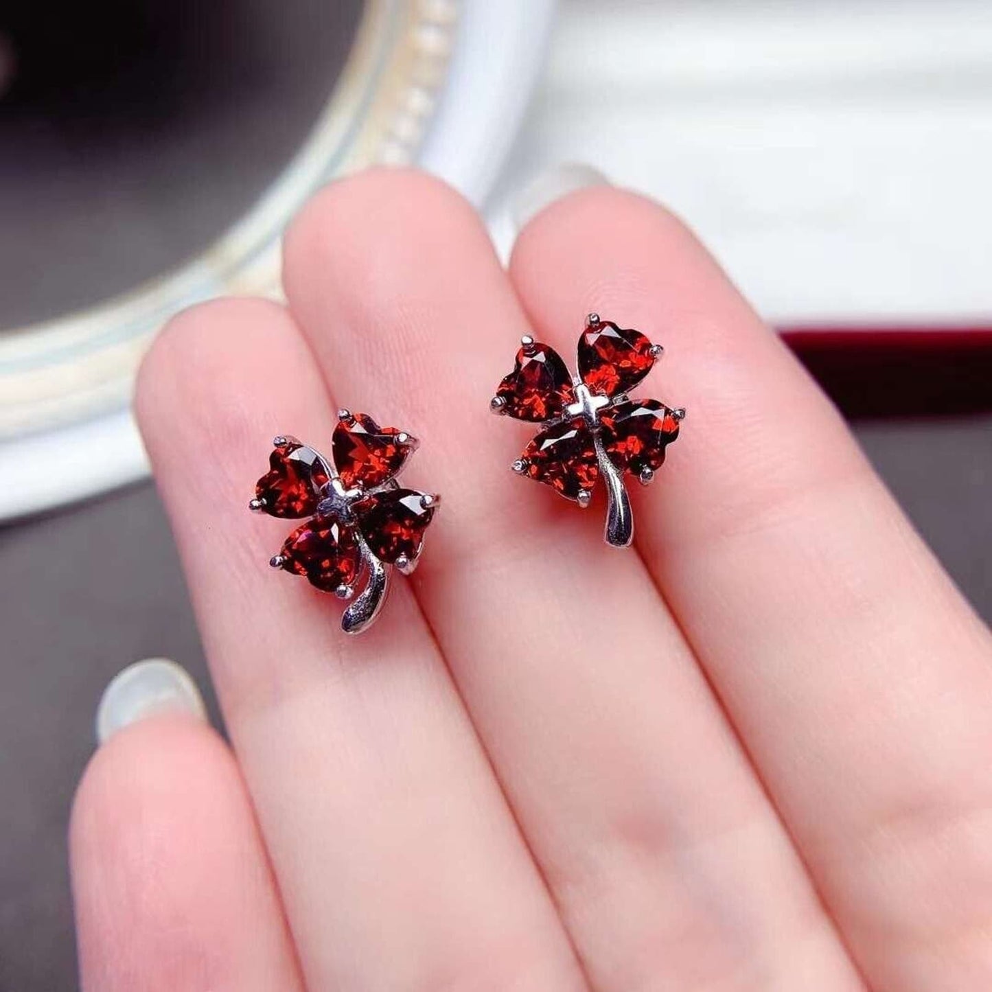 Red Garnet Clover Stud Earrings 4x4mm Platinum Plated