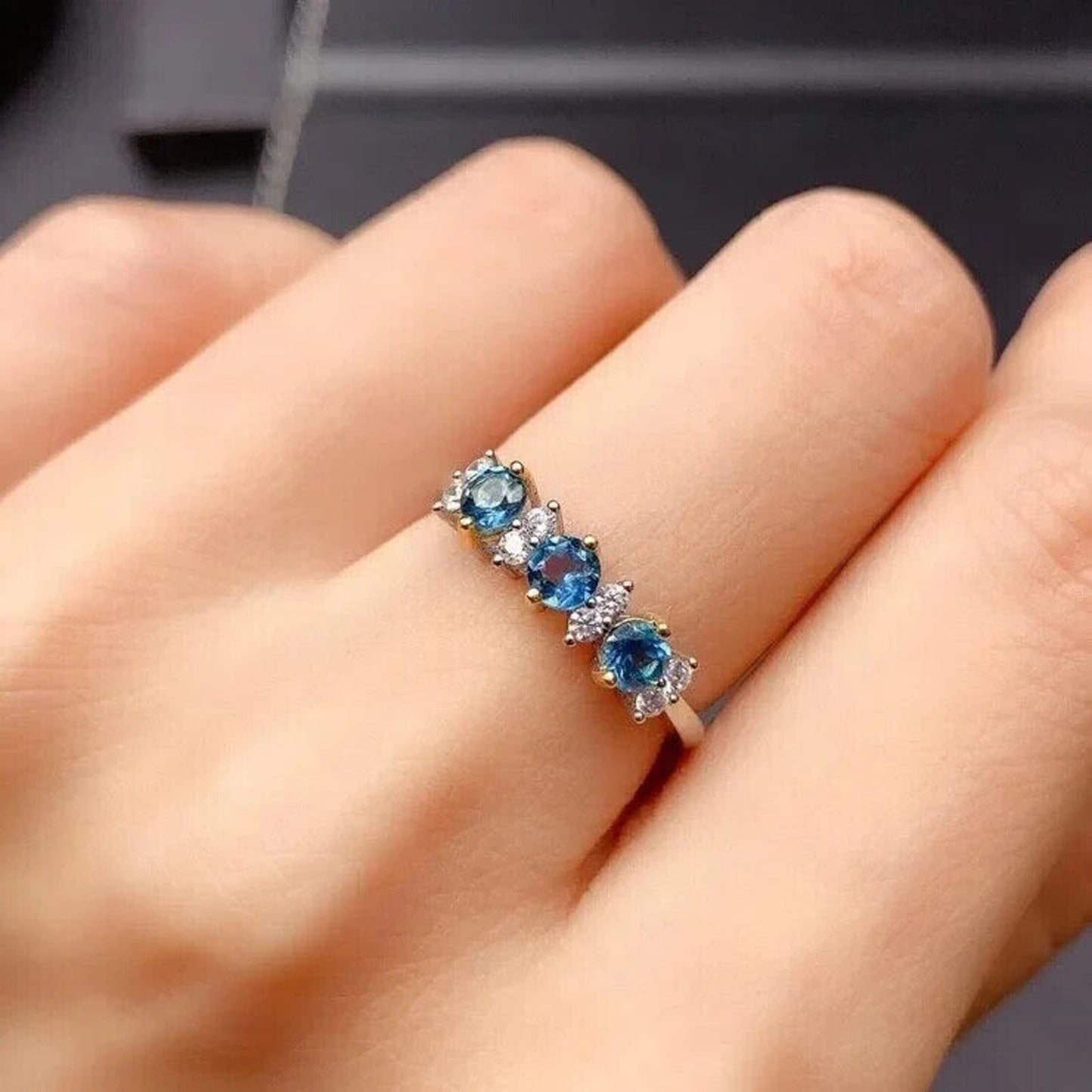 Natural London Blue Topaz Band Ring, London Blue Topaz and CZ Sterling Ring