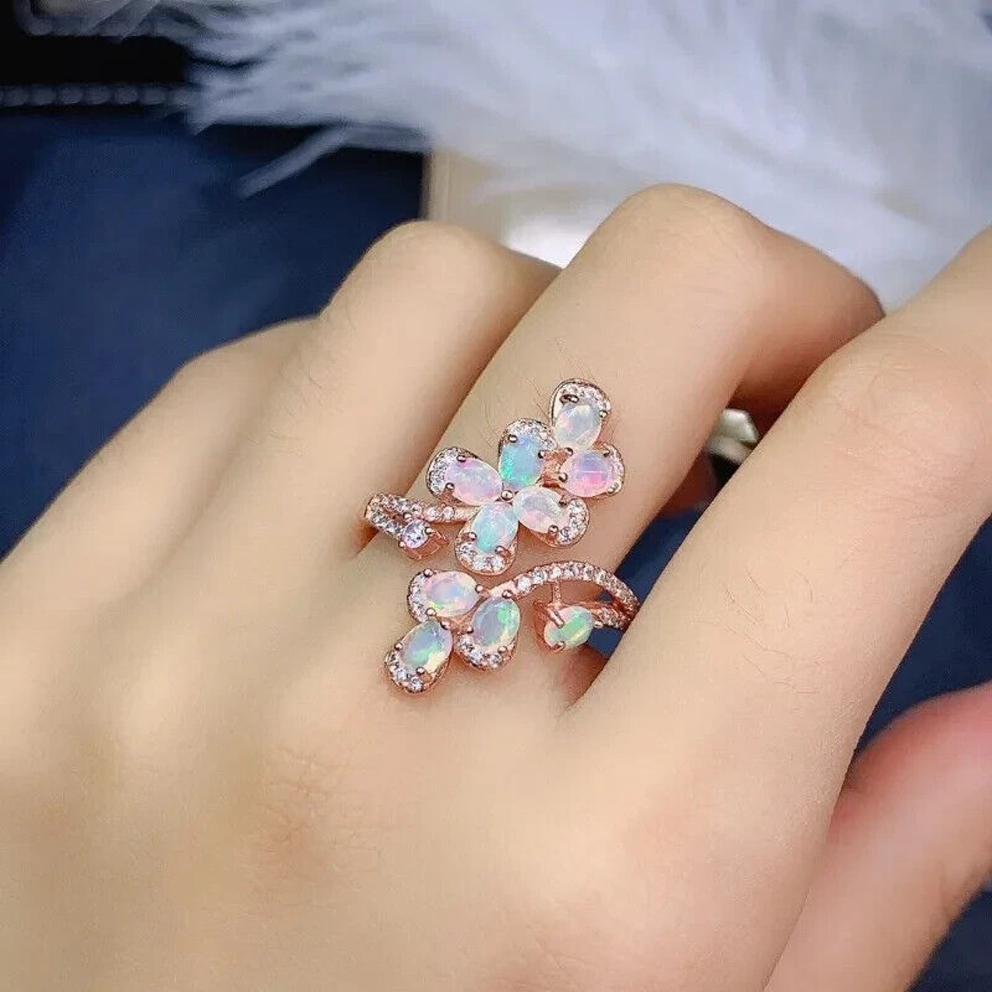 Natural White Fire Opal Full Finger Statement Ring 3x4mm