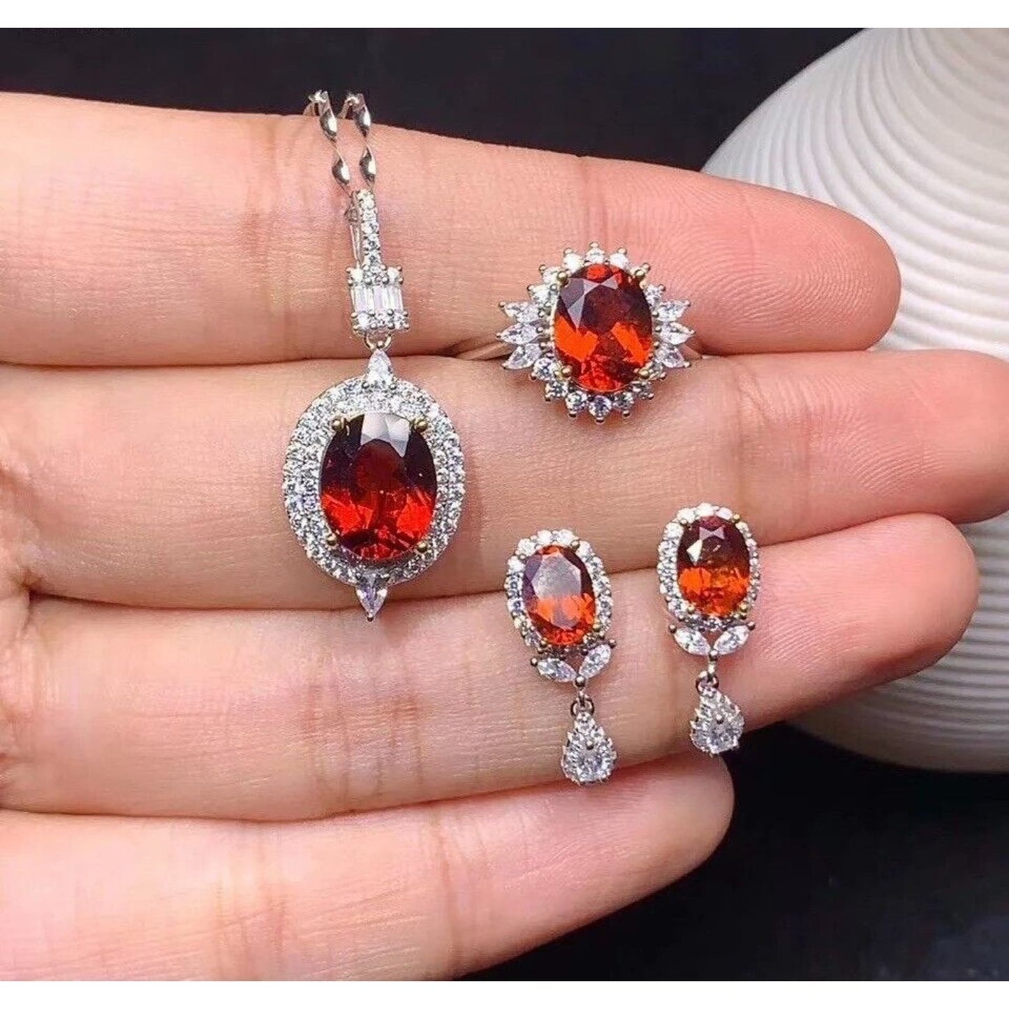 Women's Red Garnet Jewelry Set, Natural Garnet Necklace, Earrings And Pendant