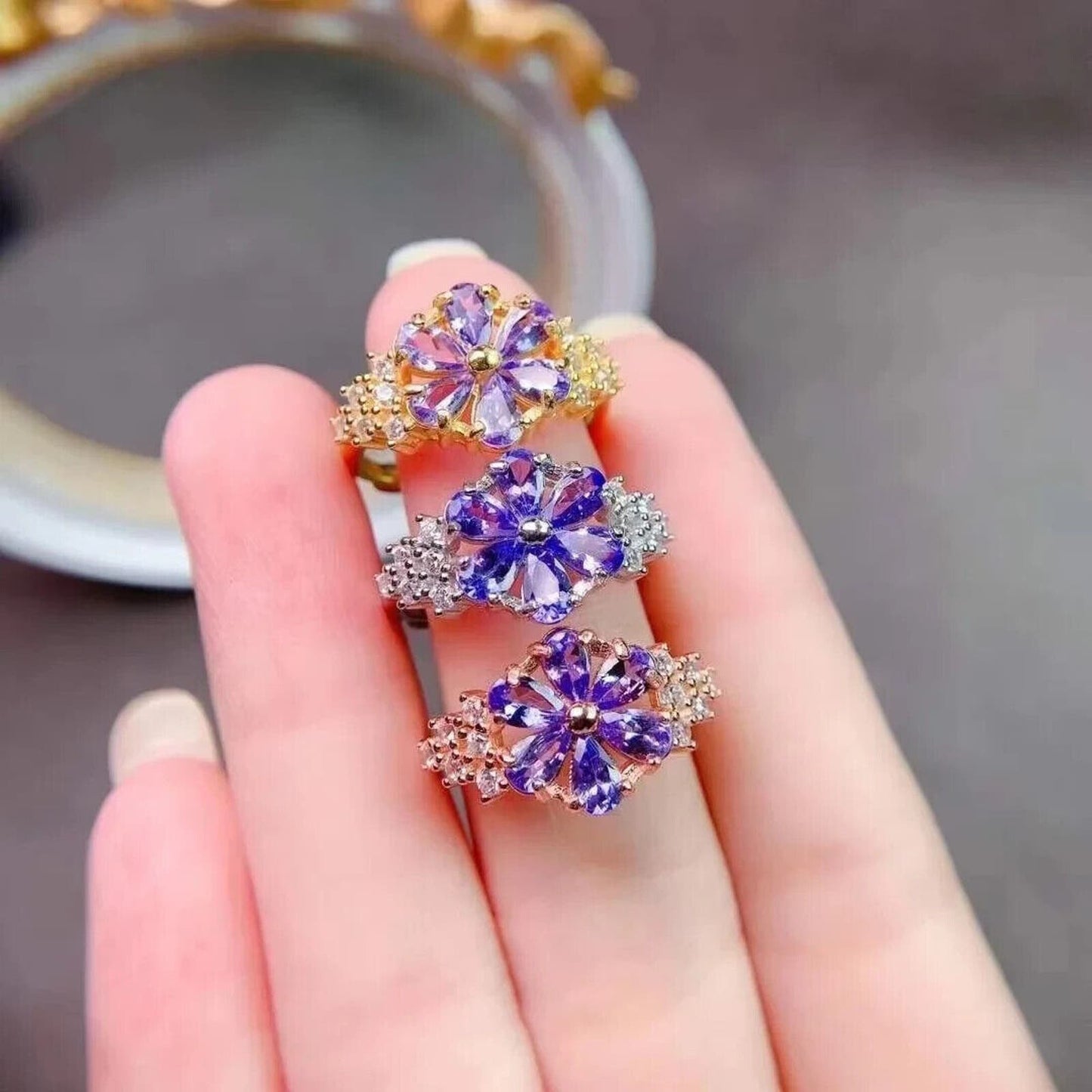 Purple Tanzanite Flower Ring Platinum Plated 3x4mm