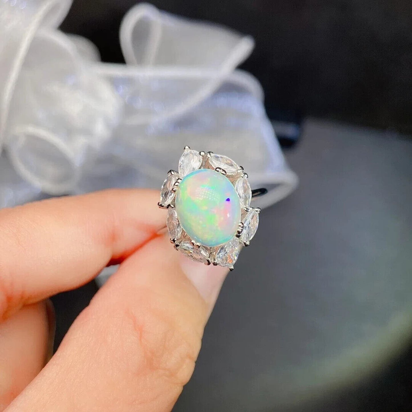 White Fire Opal Cluster Ring 10x12mm Sterling Silver