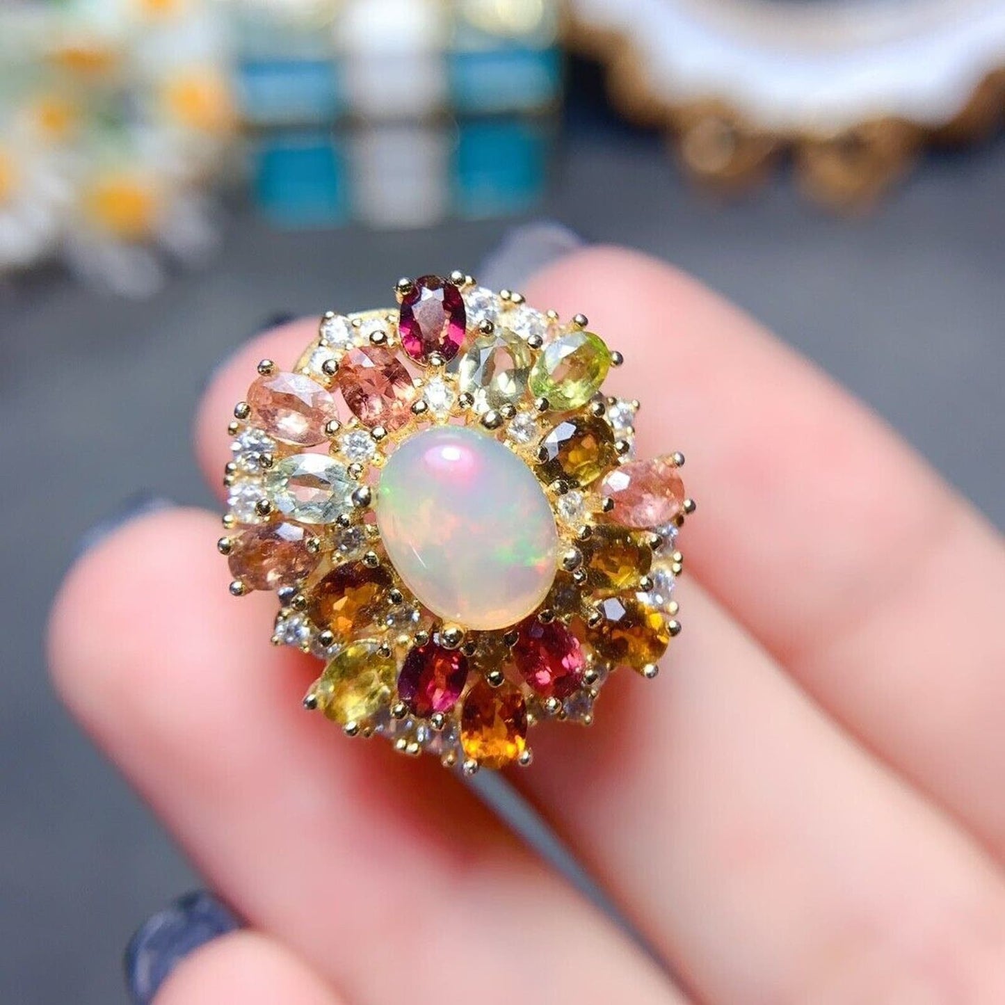 Fire Opal and Multicolor Tourmaline Statement Ring 7x9mm