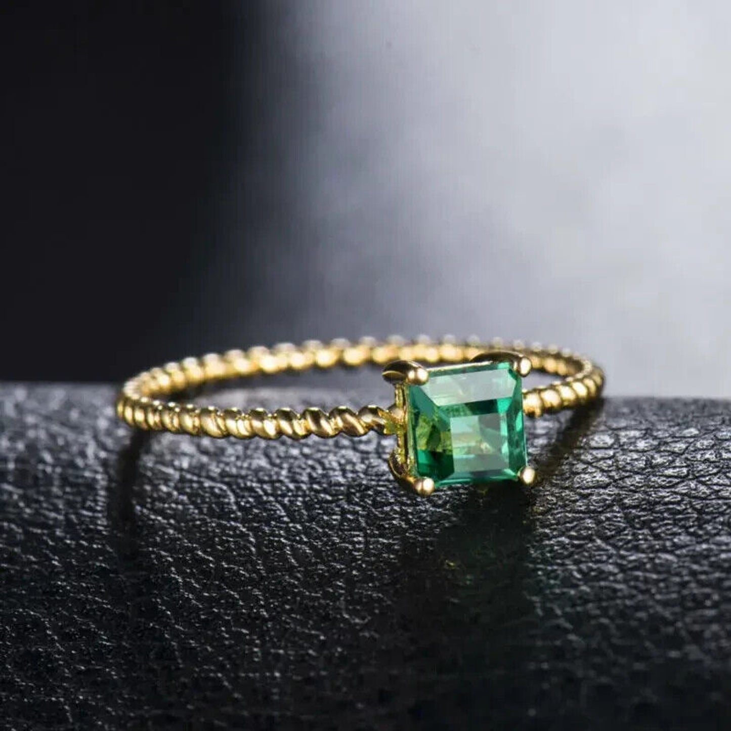 Natural Emerald Ring, Princess Cut 18k Yellow Gold