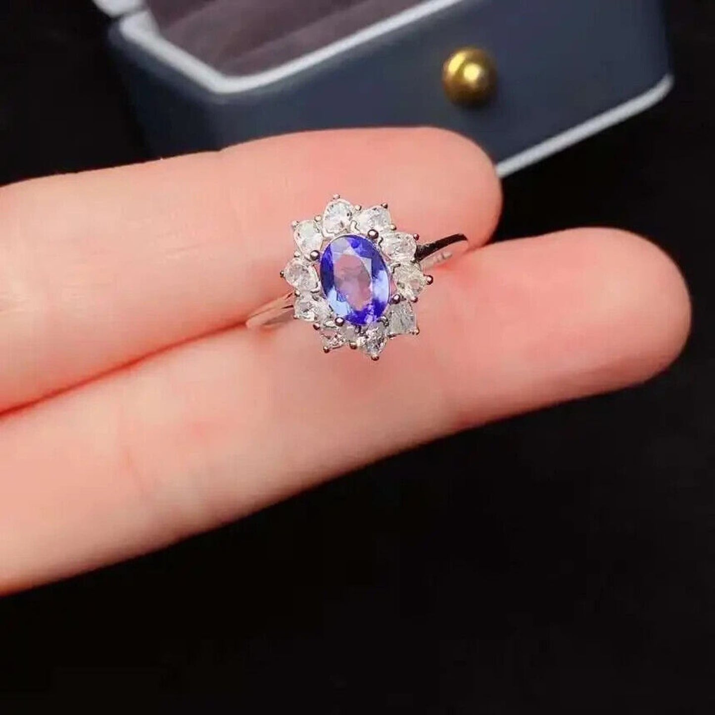 Purple Tanzanite Cluster Ring 5x7mm Platinum Plated