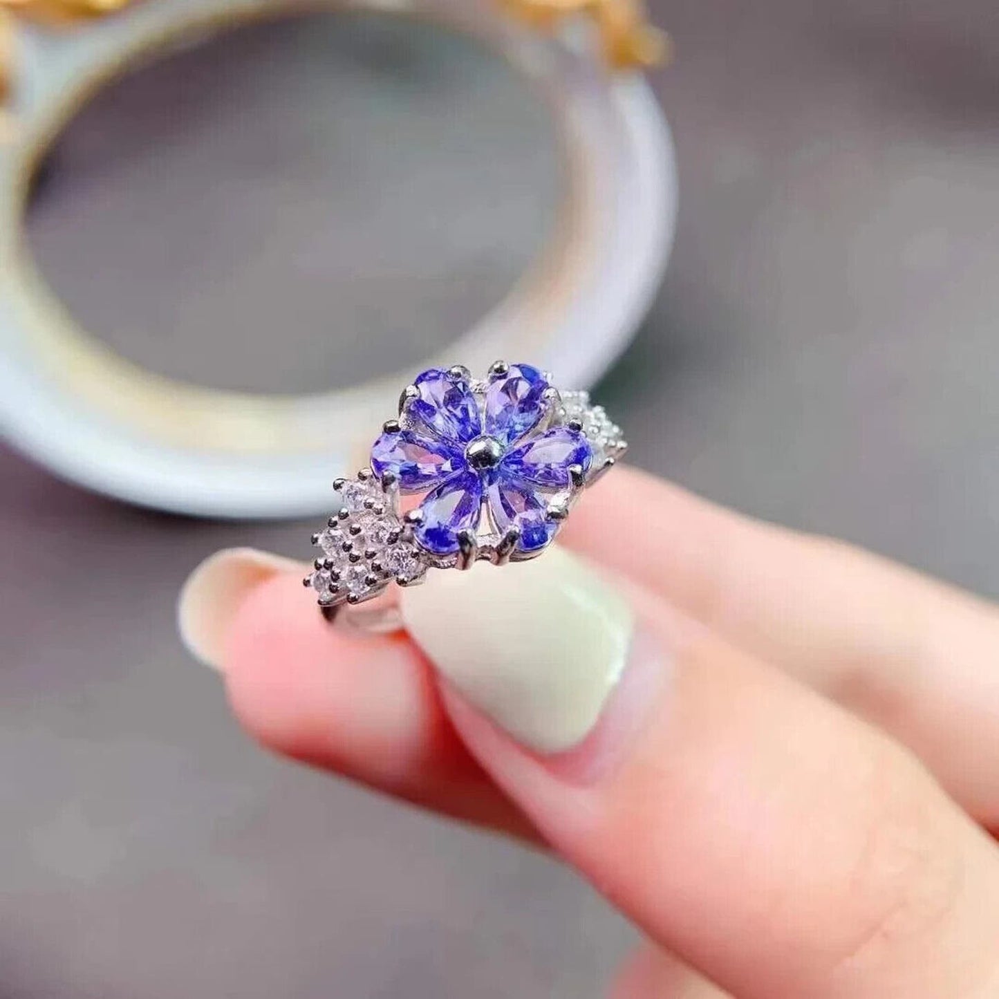 Purple Tanzanite Flower Ring Platinum Plated 3x4mm