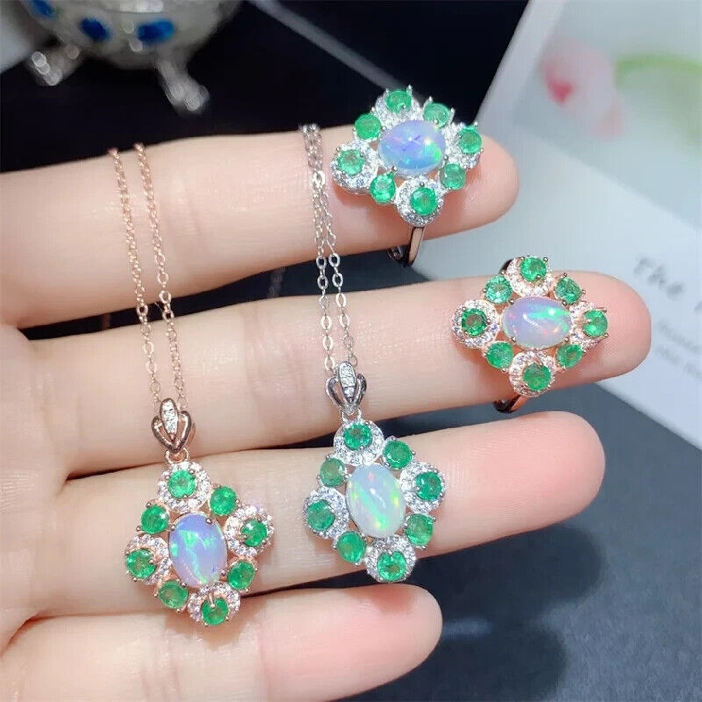 Fire Opal and Colombian Emerald Jewelry Set, Ring and Pendant