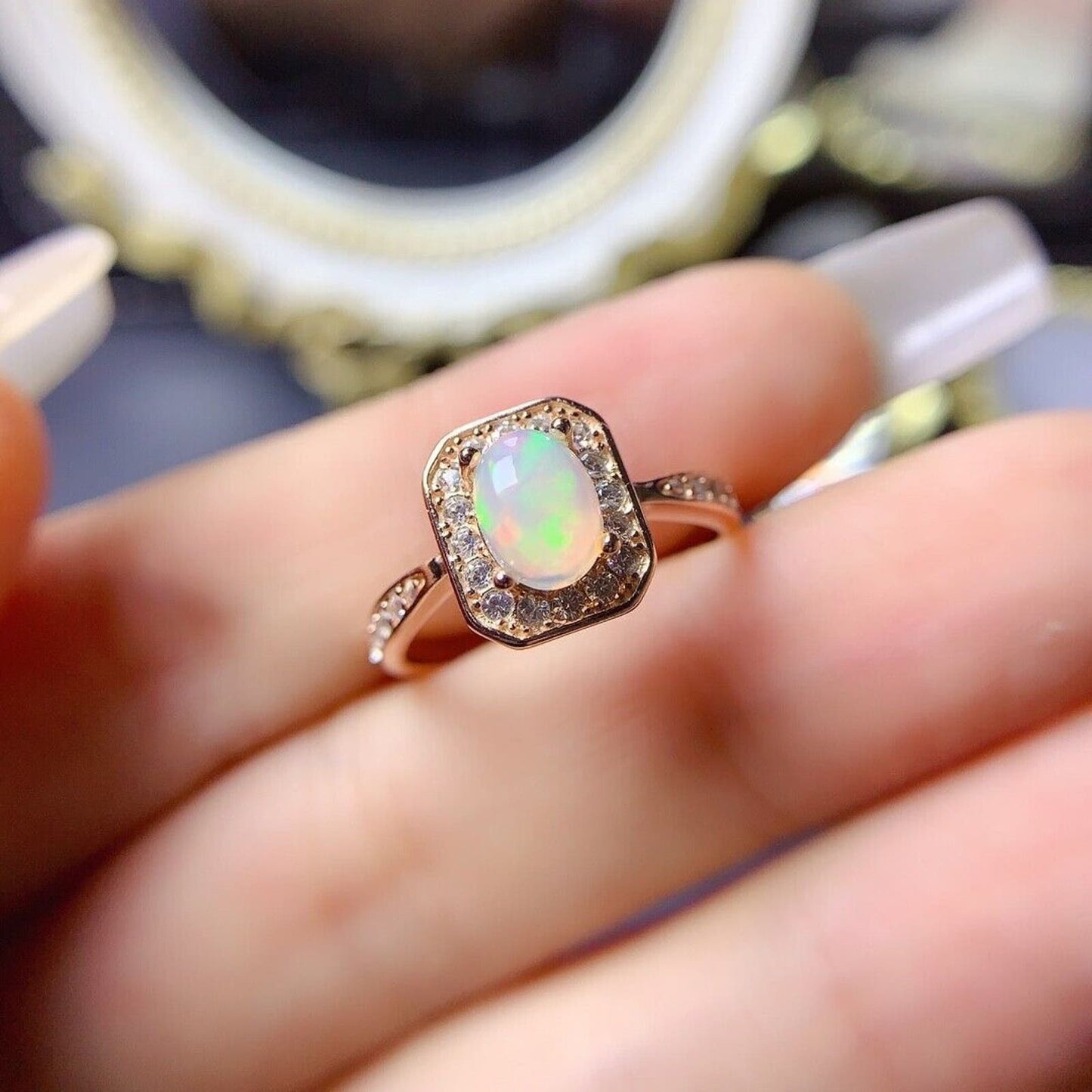 Dainty Fire Opal Gemstone Ring 5x7mm