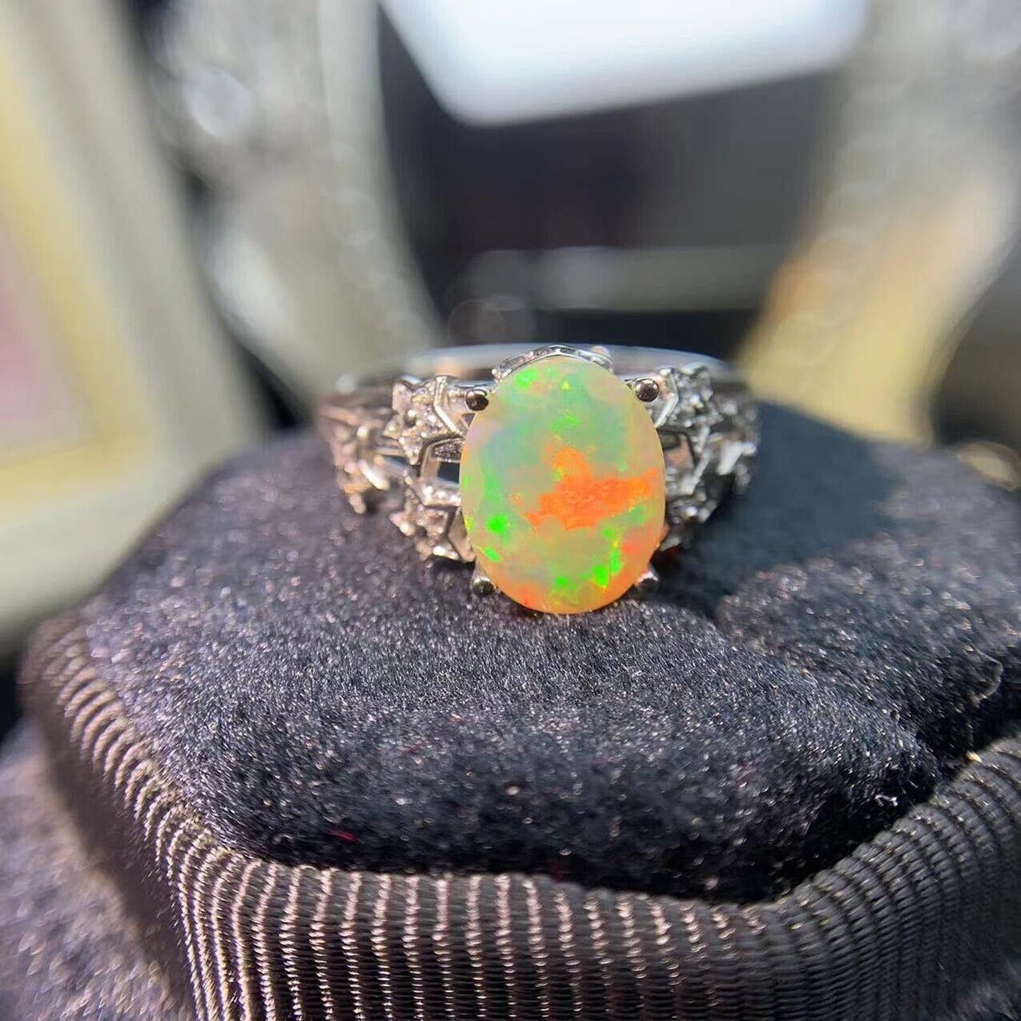 Fire Opal Cocktail Ring 8x10mm Sterling Silver