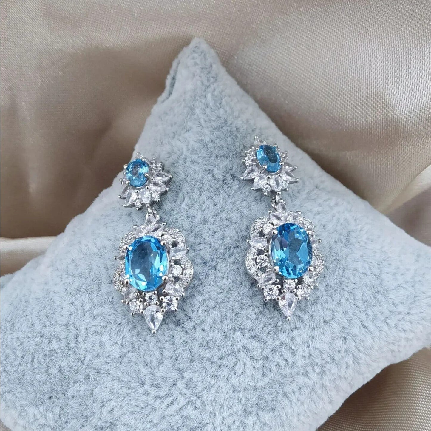 Swiss Blue Topaz Cluster Statement Earrings 7x9mm