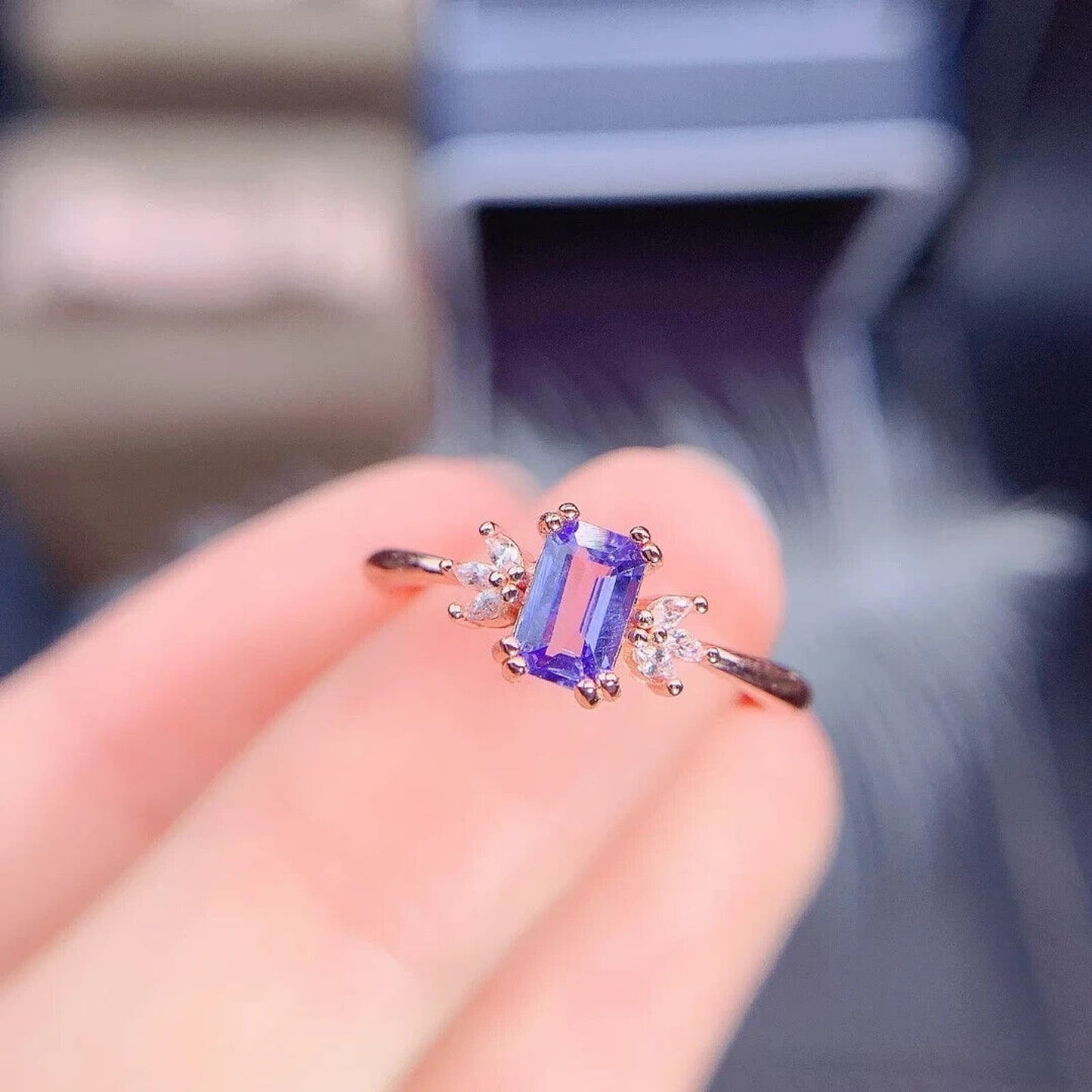 Purple Tanzanite Emerald Cut Ring 4x6mm Sterling Silver