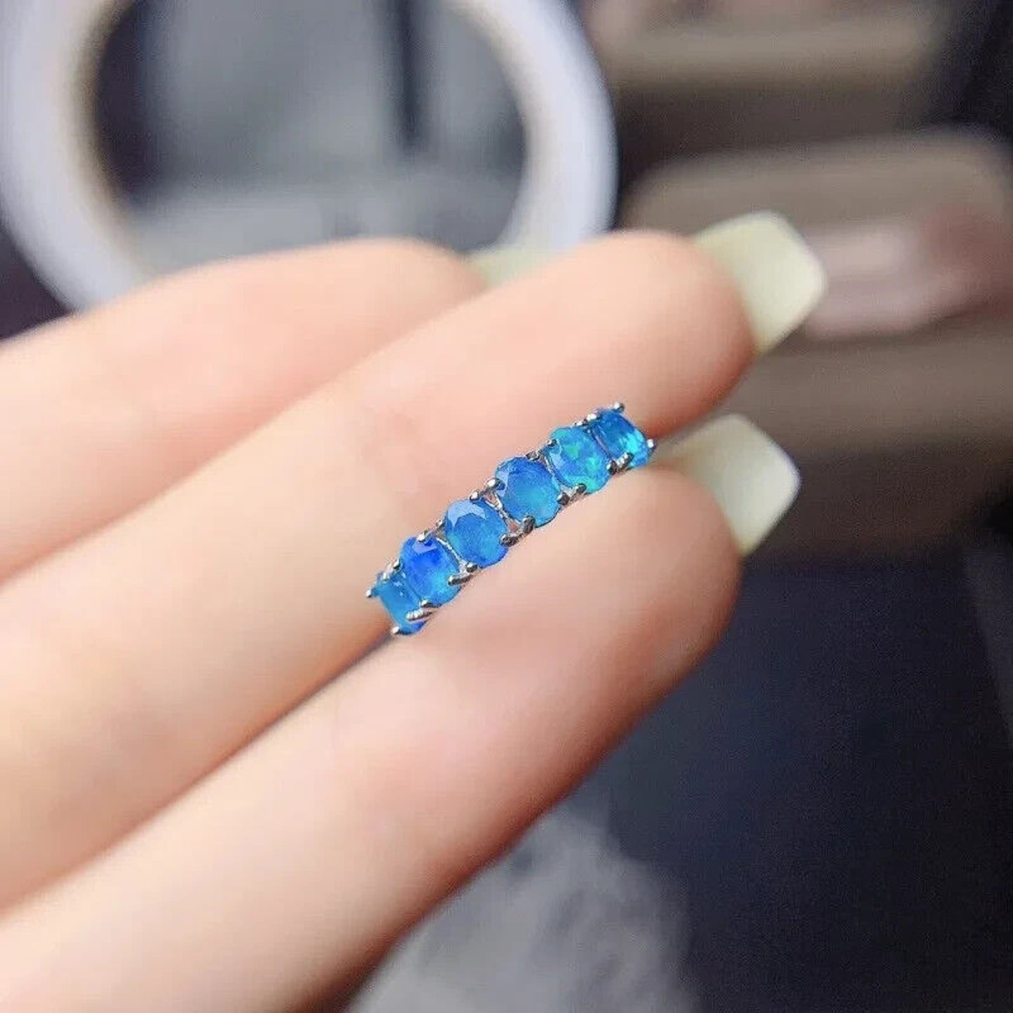 Natural Australian Blue Fire Opal Band Ring 3x4mm Sterling Silver