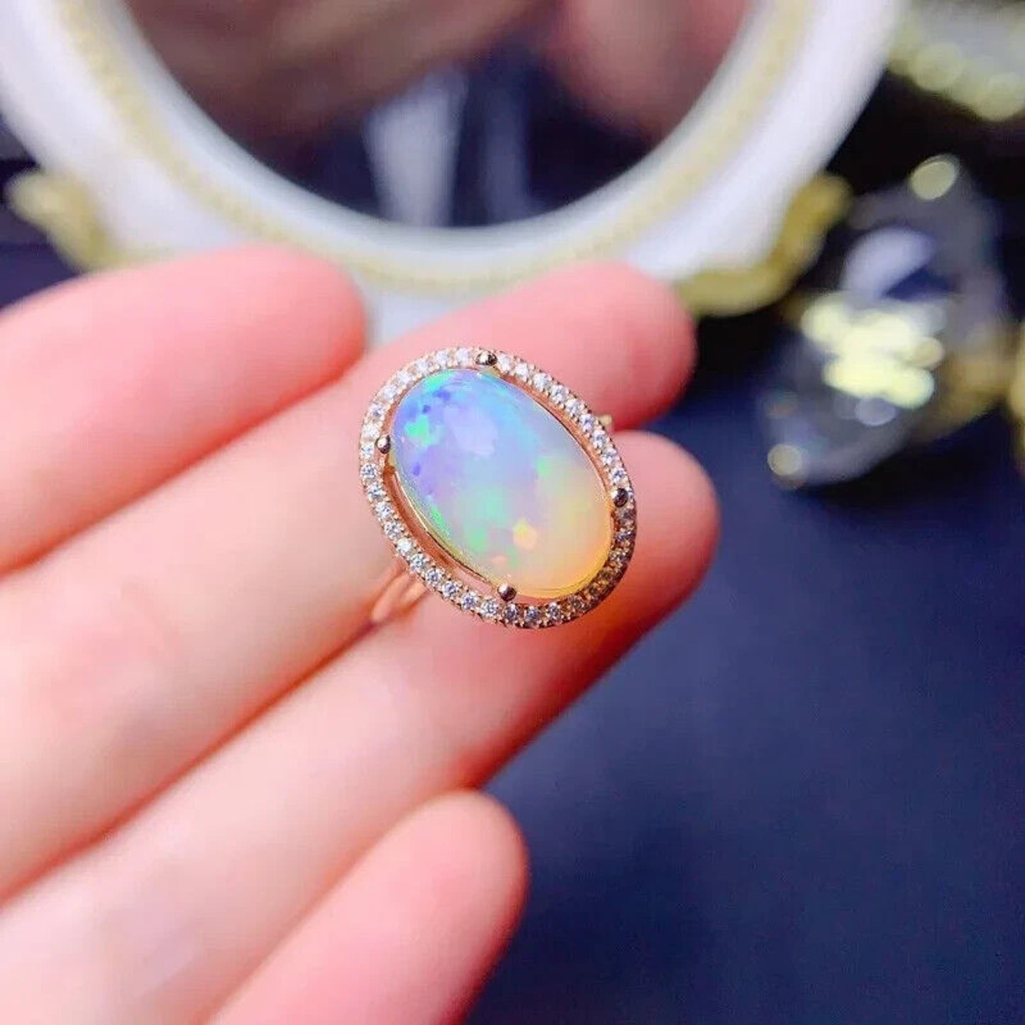 Natural Fire Opal Statement Ring 10x14mm Oval Cut