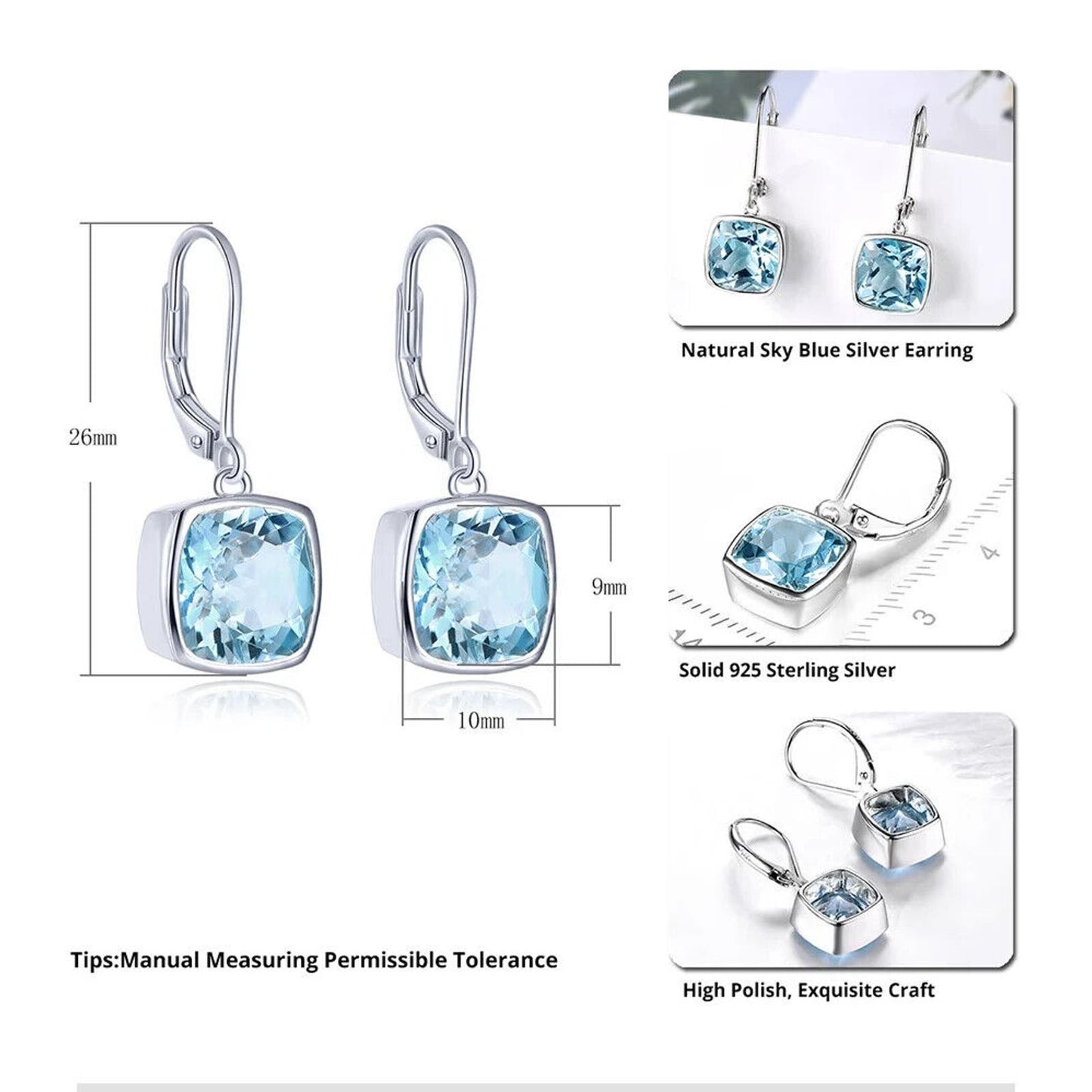 Sky Blue Topaz Bezel Set Dangle Earrings 9mm