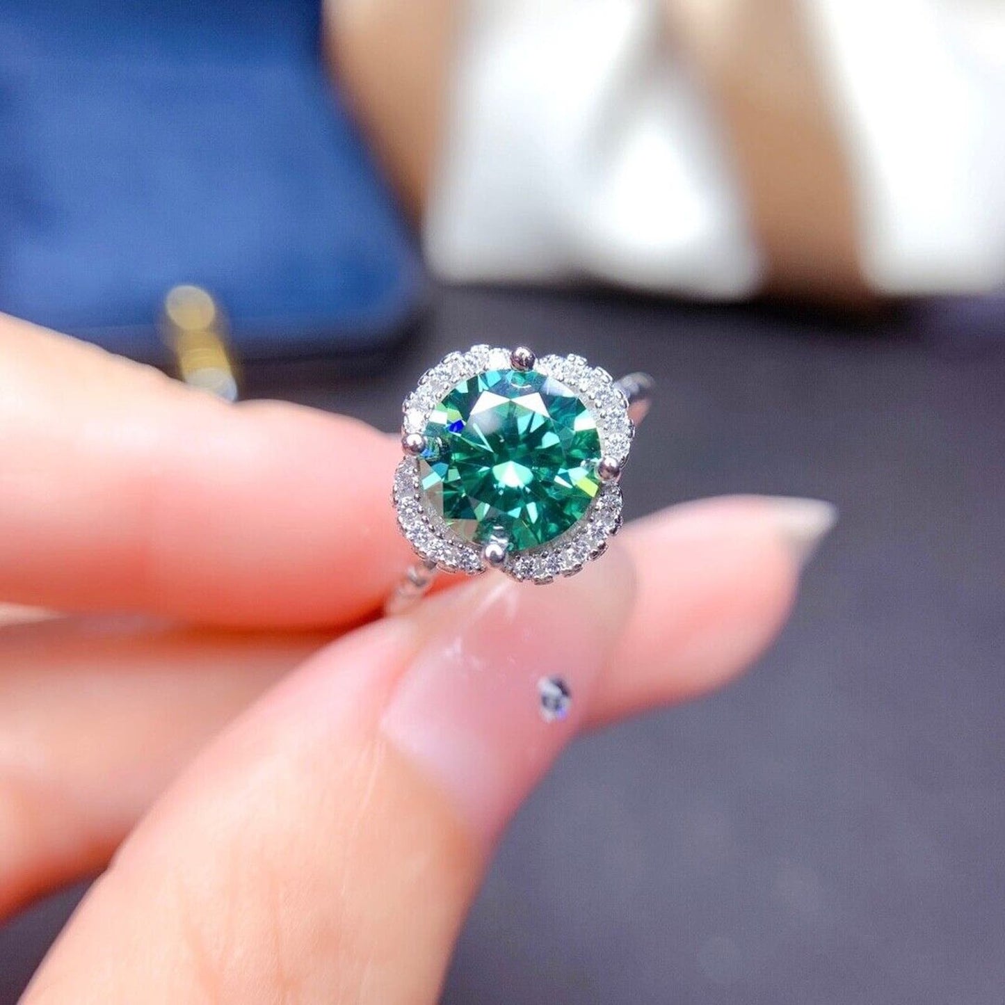 2 Carat Green Moissanite Large Flower Ring with Zirconia 925 Sterling Silver