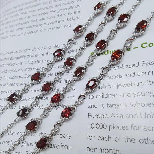 Red Garnet Chain Bracelet 4x6mm Platinum Plated