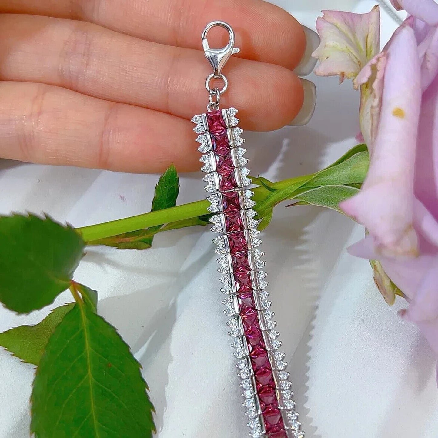 Pink Garnet Square Cut Tennis Bracelet 3.5mm Platinum Plated