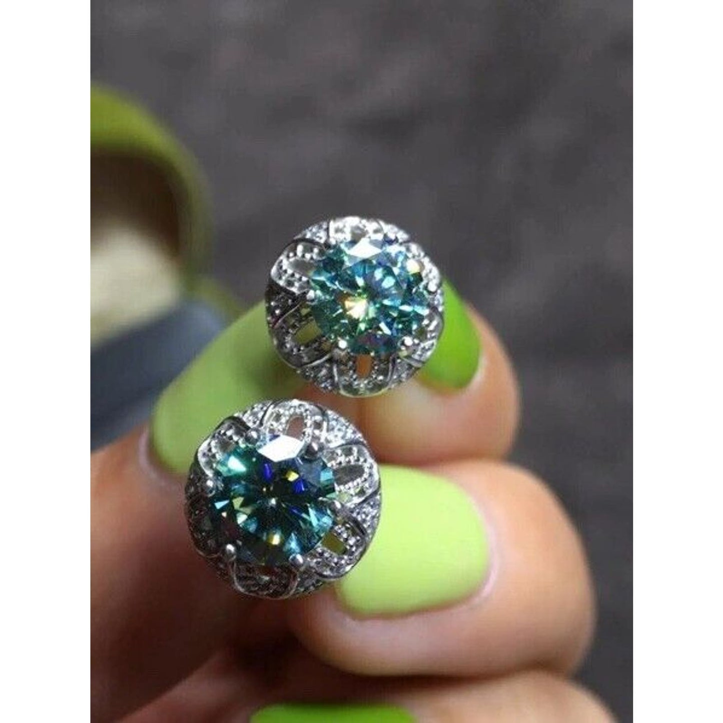 VVS1 Round Brilliant Cut Green Moissanite Stud Earrings 1 CT