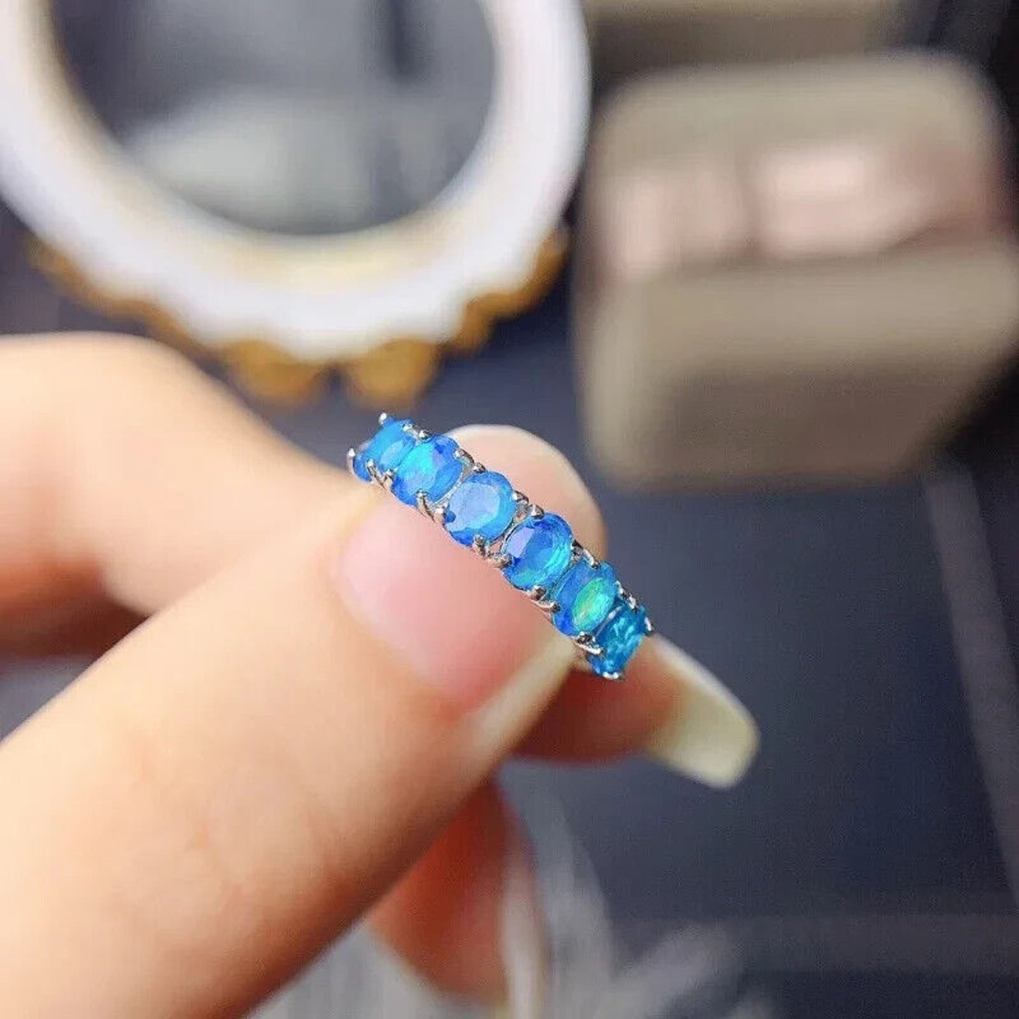 Natural Australian Blue Fire Opal Band Ring 3x4mm Sterling Silver