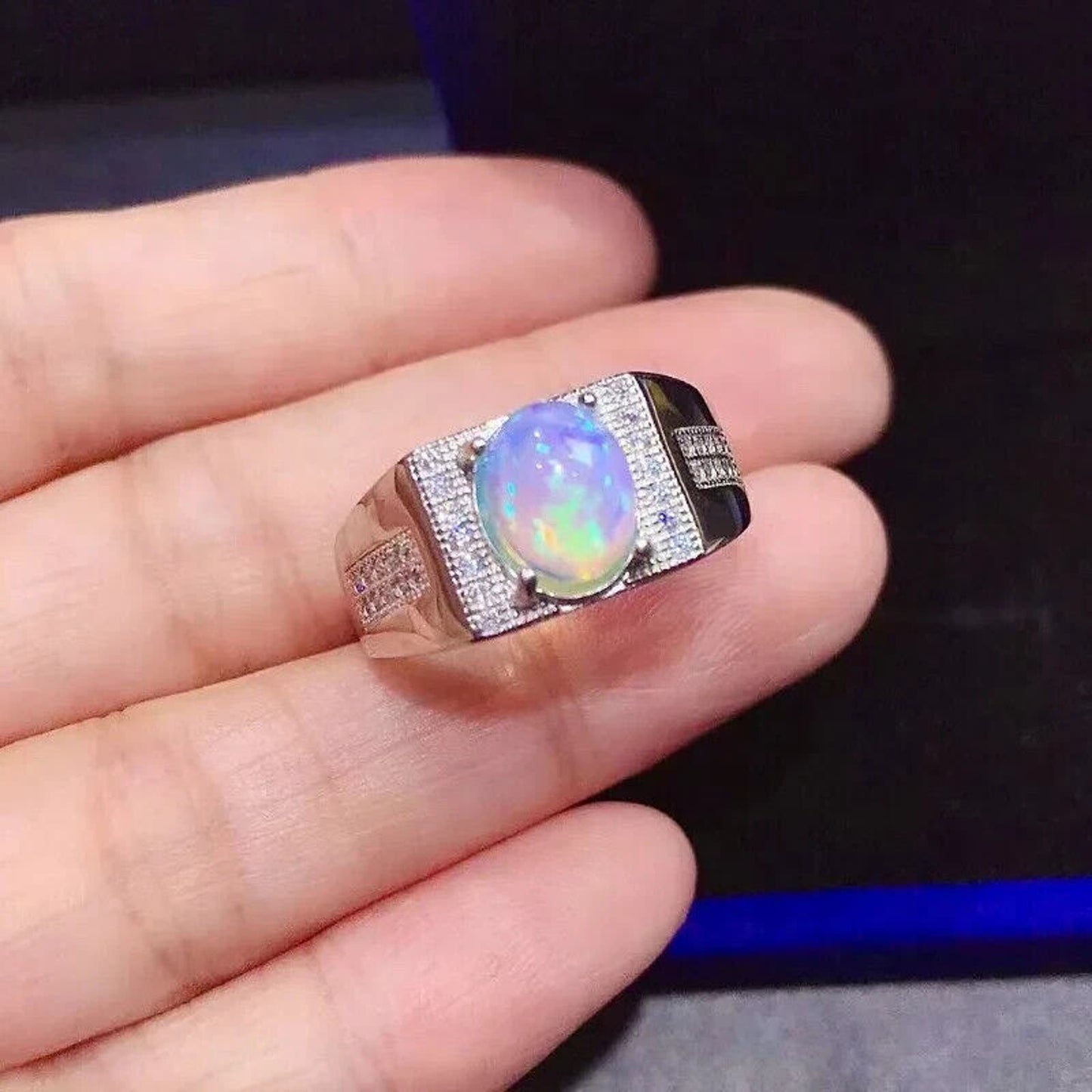 Men's White Fire Opal Ring 8x10mm 925 Sterling Silver