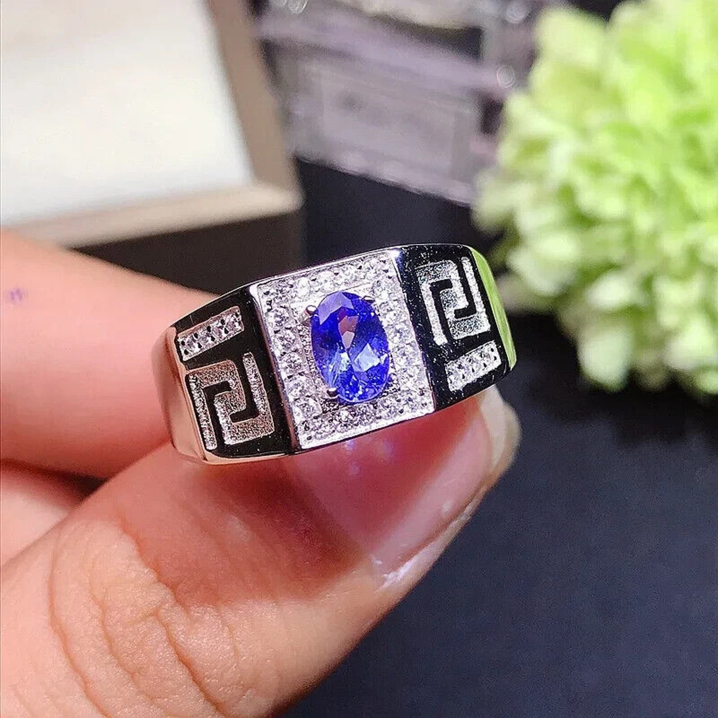 Mens Tanzanite Cocktail Ring VVS1 4x6mm Platinum Plated