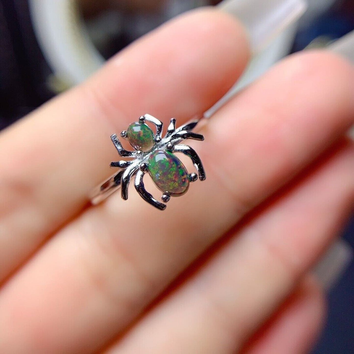 Black Fire Opal Spider Ring Sterling Silver