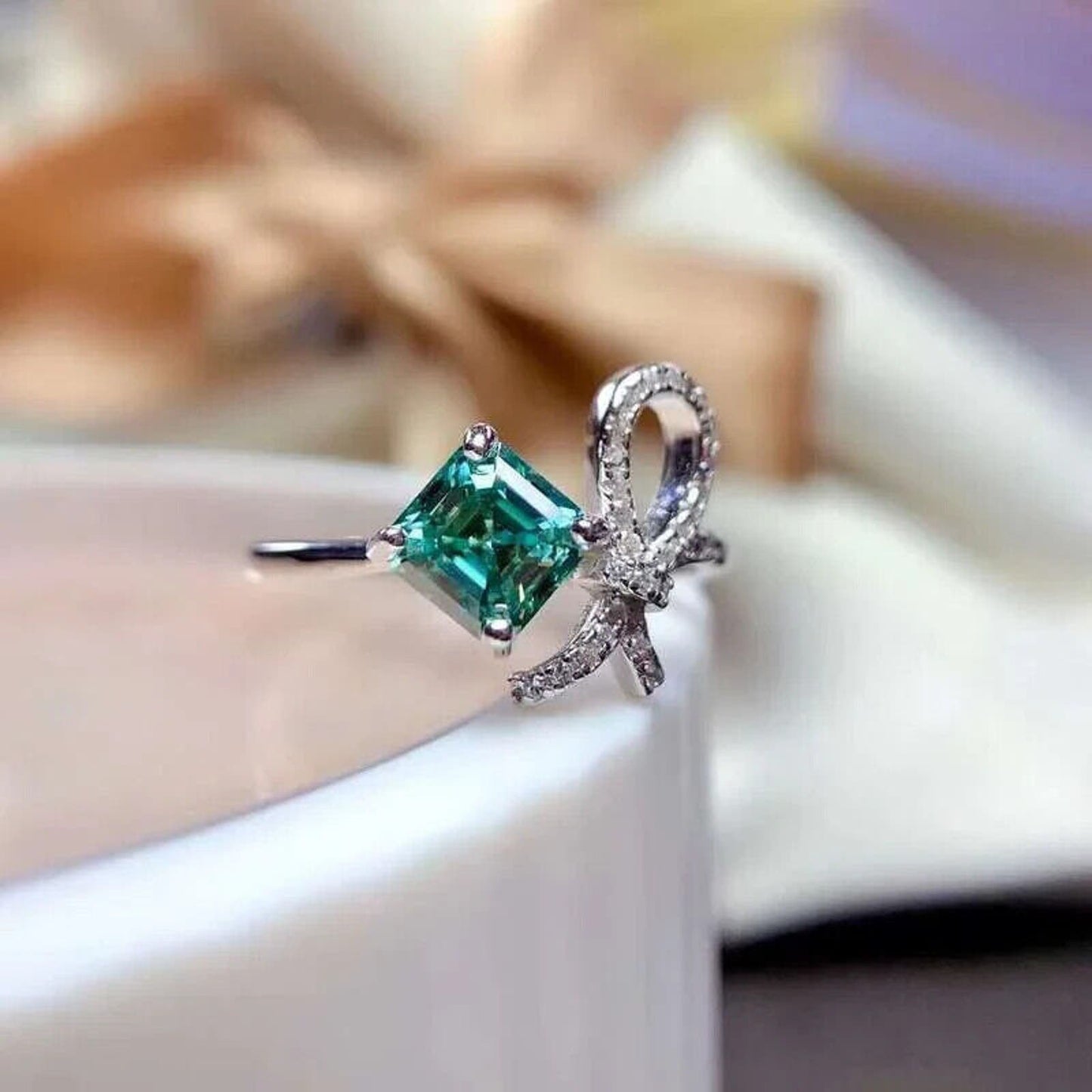 1 Carat VVS1 Asscher Cut Green Moissanite Ring, Teal Blue Asscher Cut Mossanite