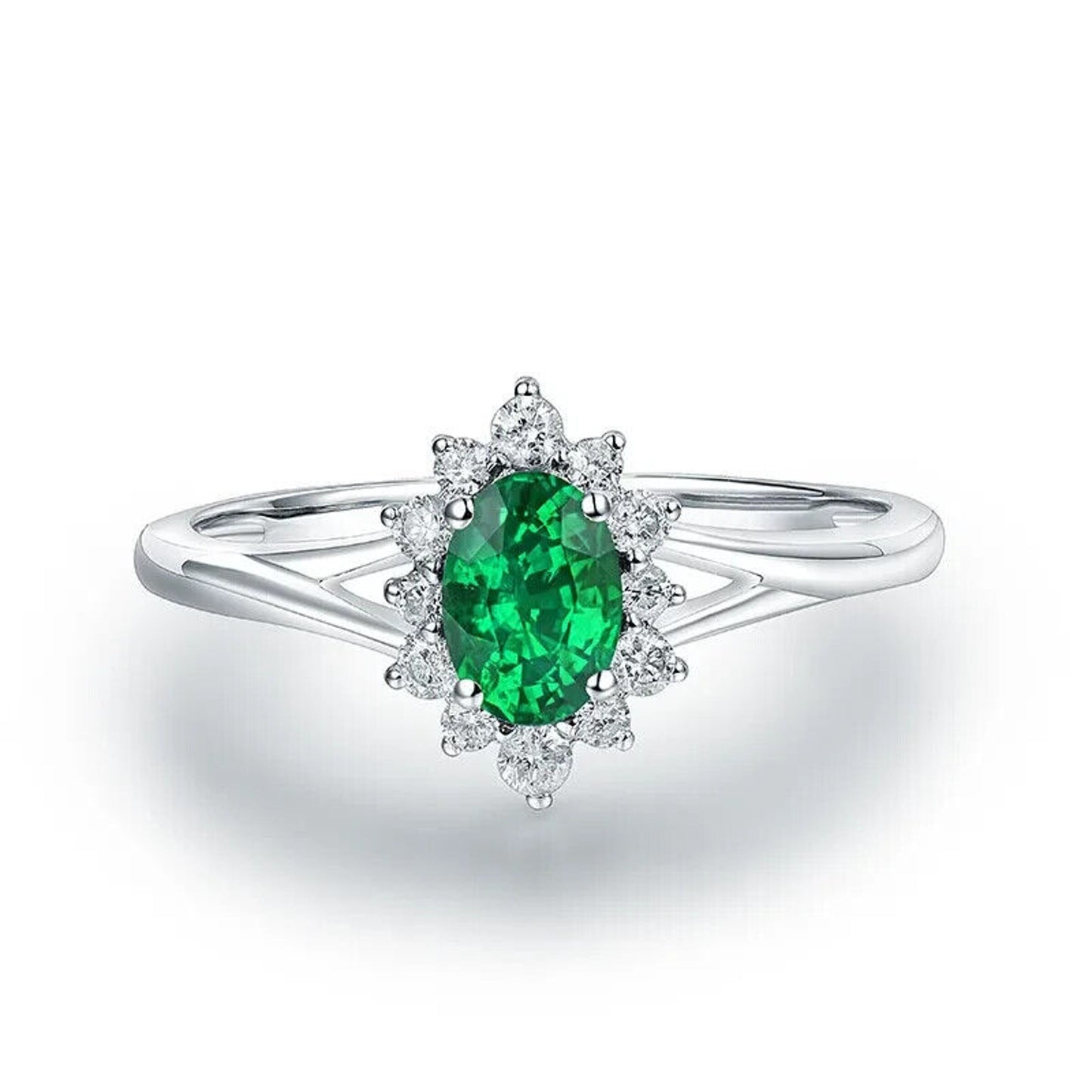 Natural Emerald and Diamond Oval Cut Cluster Ring 14k White Gold