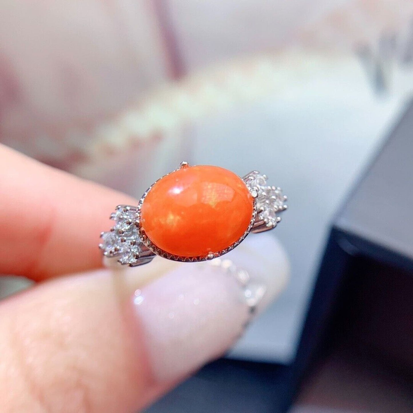 Orange Fire Opal Horizontal Cocktail Ring 8x10mm