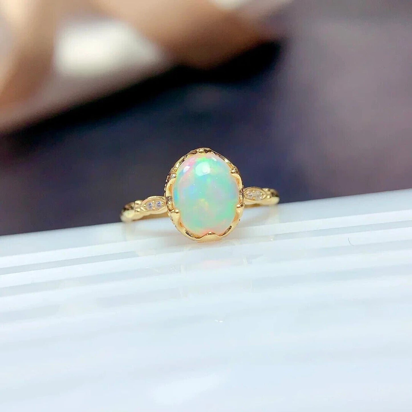 White Fire Opal Cocktail Ring 7x9mm Sterling Silver