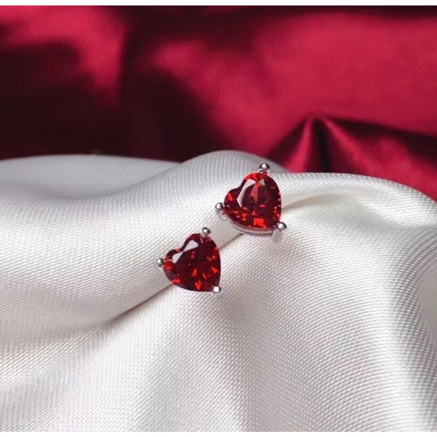 Heart Shaped Red Garnet Stud Earrings 6mm Platinum Plated