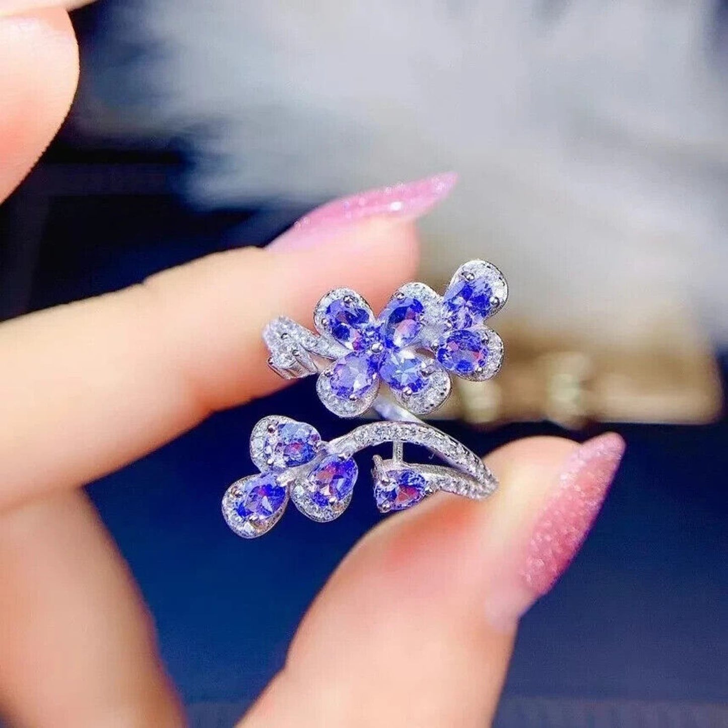 VVS1 Purple Tanzanite Floral Cocktail Ring, Natural Purple Tanzanite Ring