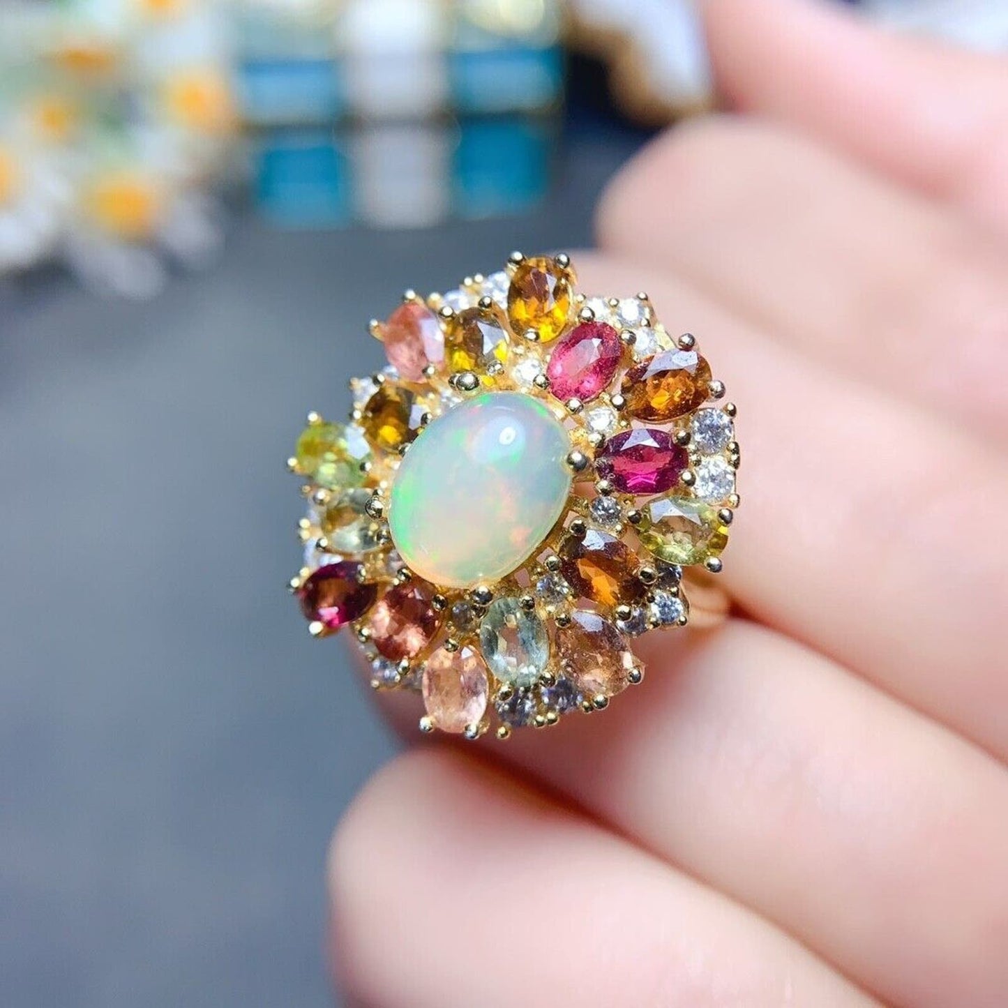 Fire Opal and Multicolor Tourmaline Statement Ring 7x9mm