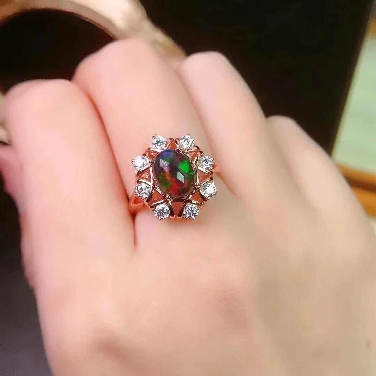 Black Fire Opal Cluster Cocktail Ring 7x9mm