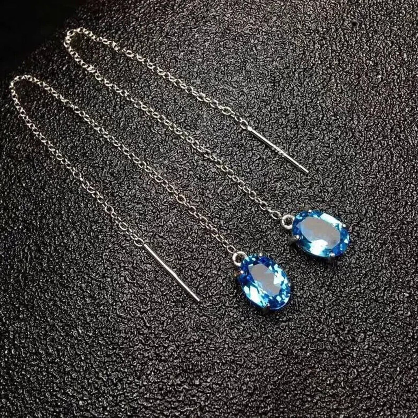 Sky Blue Topaz Long Chain Earrings 6x8mm