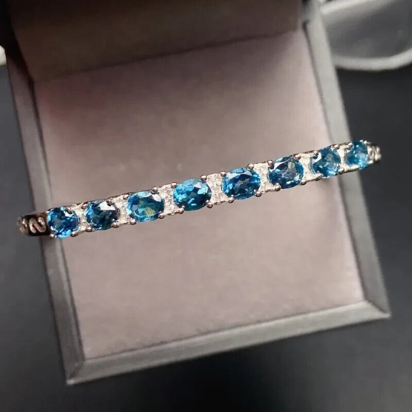 London Blue Topaz Gemstone Bangle Bracelet 17cm Sterling Silver