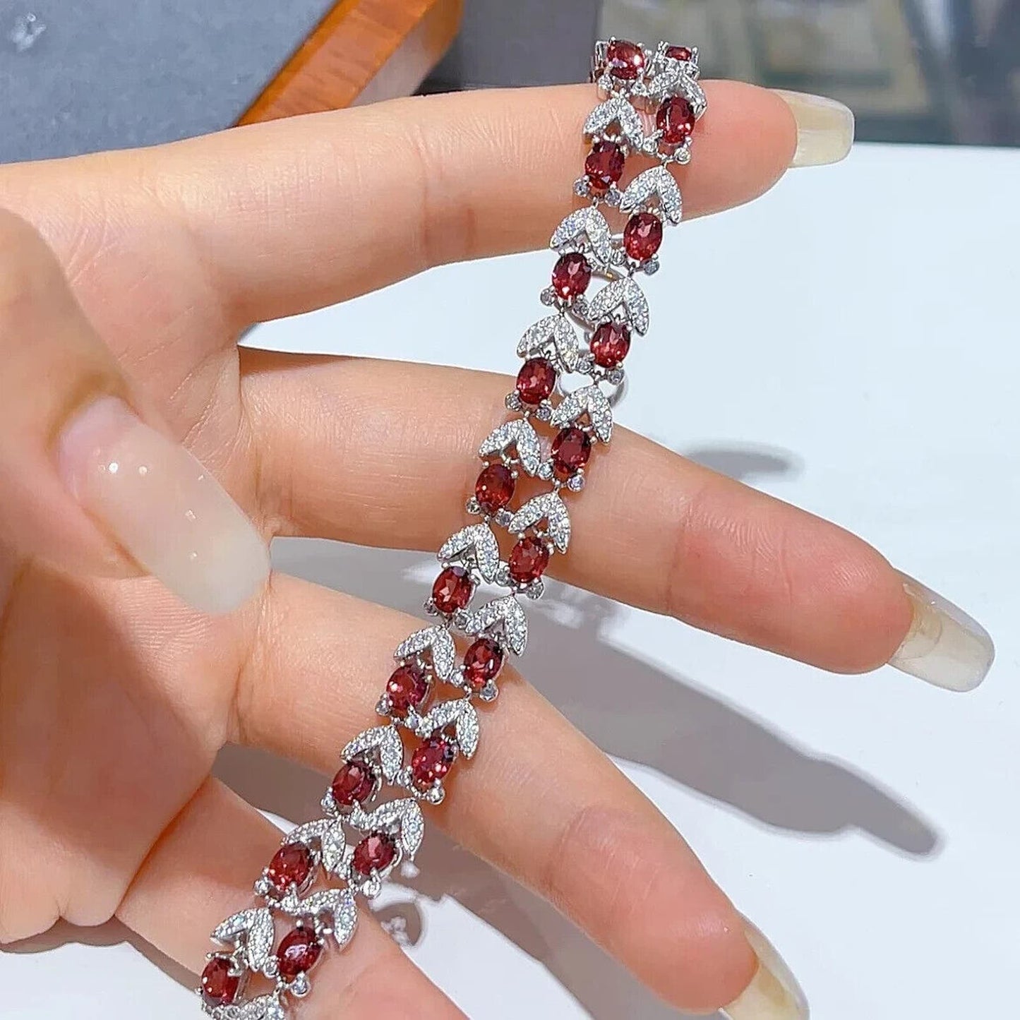 Red Garnet Double Layer Leaf Pattern Tennis Bracelet 4x5mm