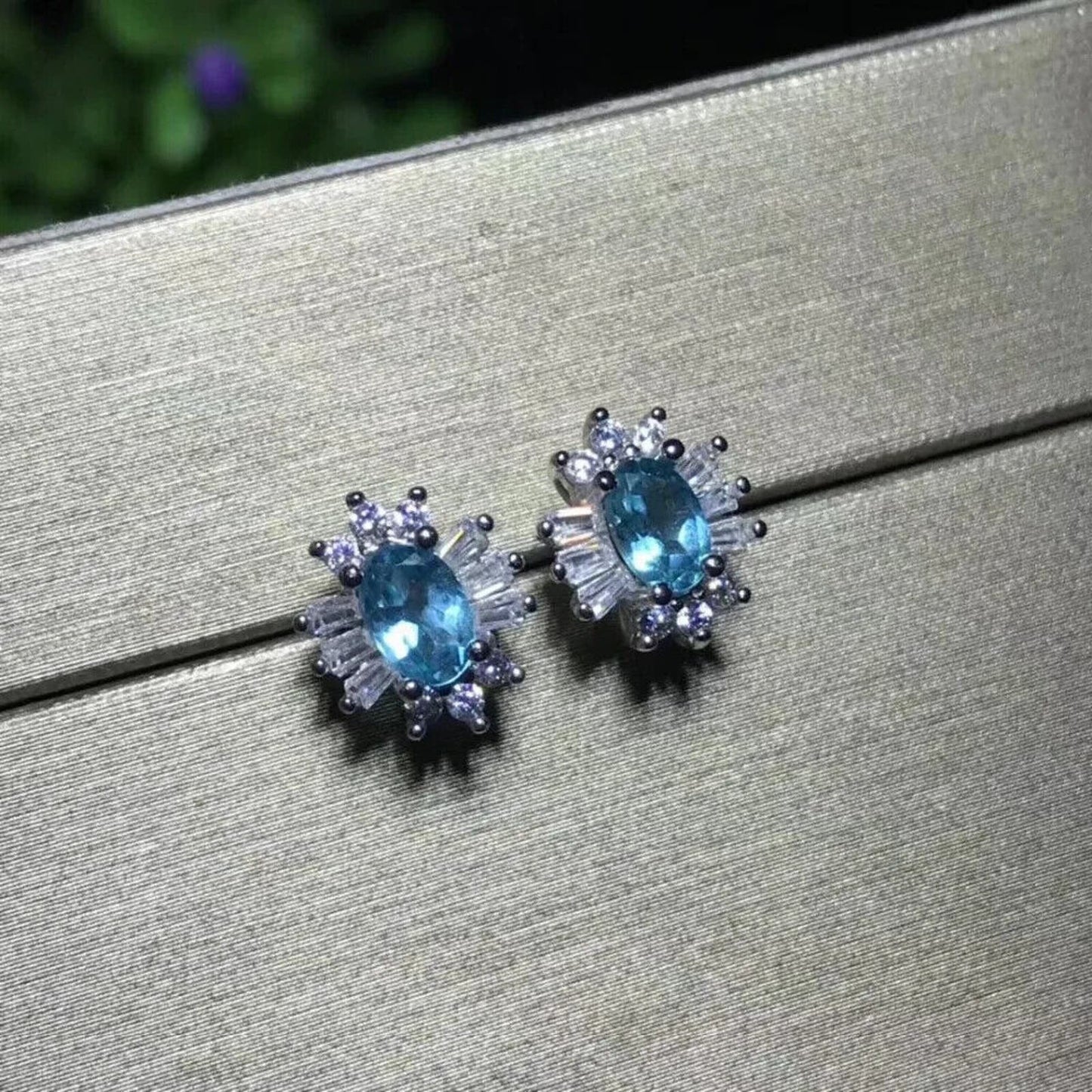 Sky Blue Topaz Cluster Stud Earrings 4x6mm