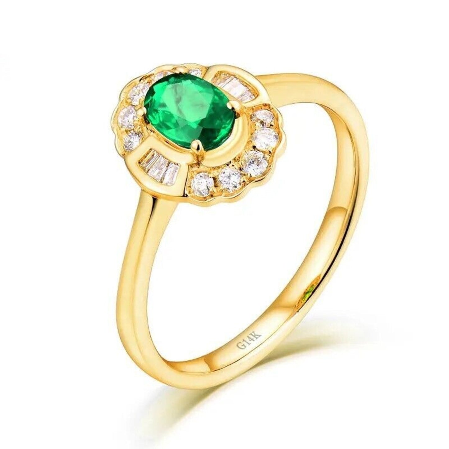 Natural Emerald and Diamond 14k Yellow Gold Cocktail Ring