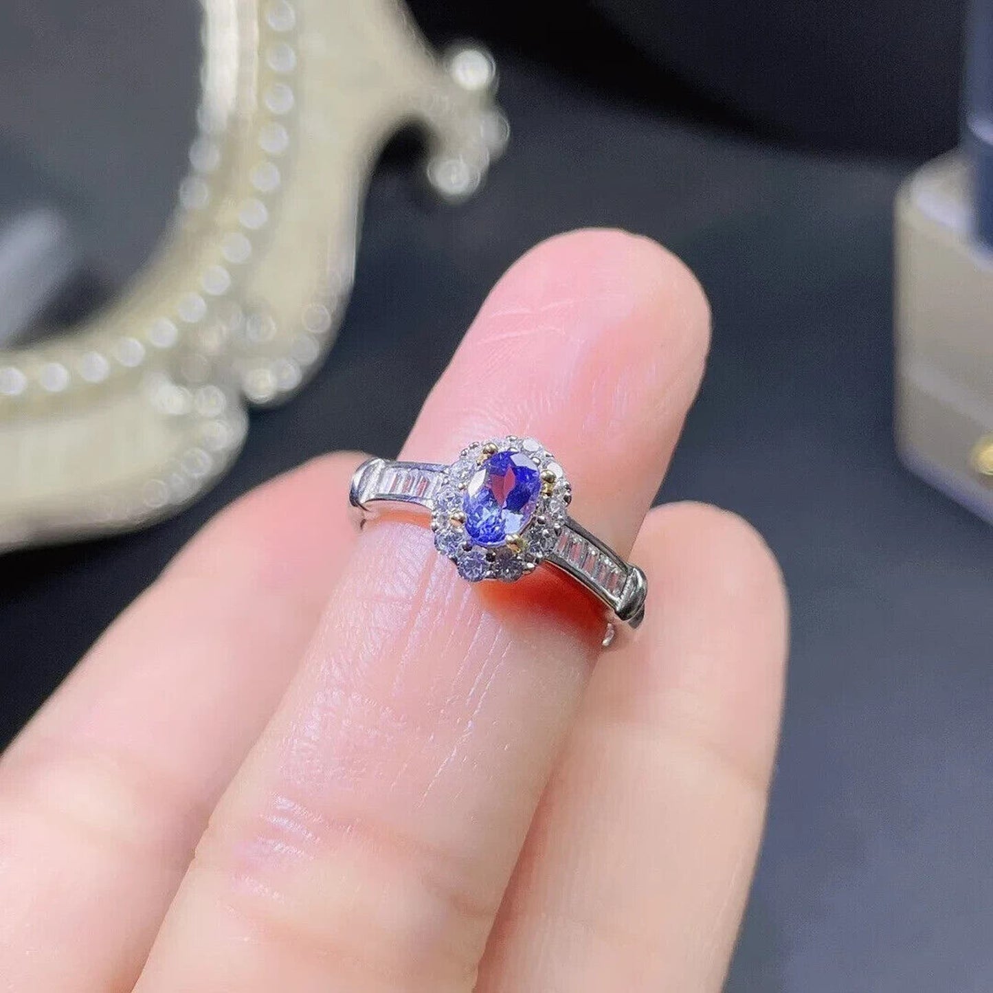 Dainty Purple Tanzanite Cluster Cocktail Ring 4x6mm